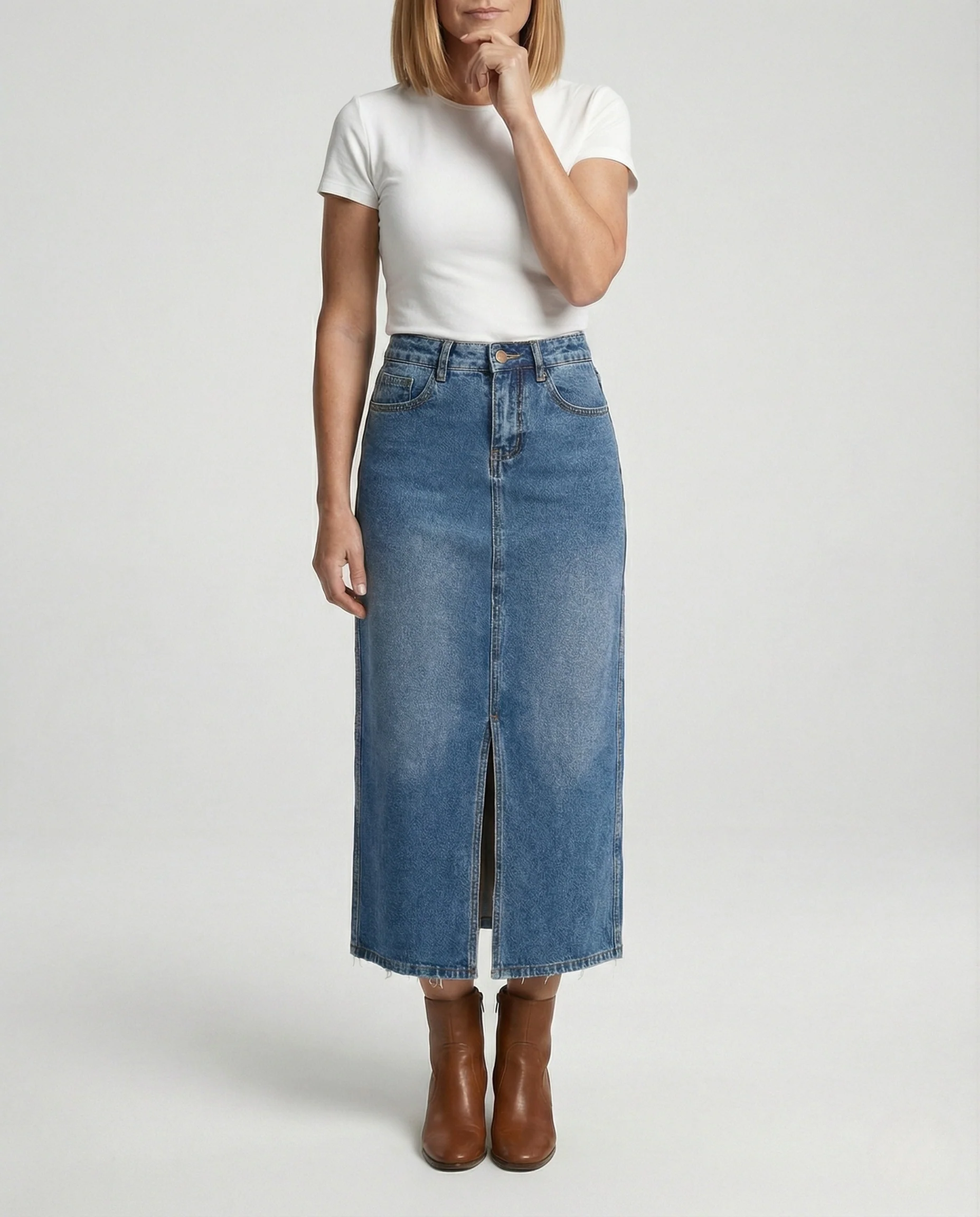 Midi Jeansrock Hochbund Damen Frontschlitz - Image 2