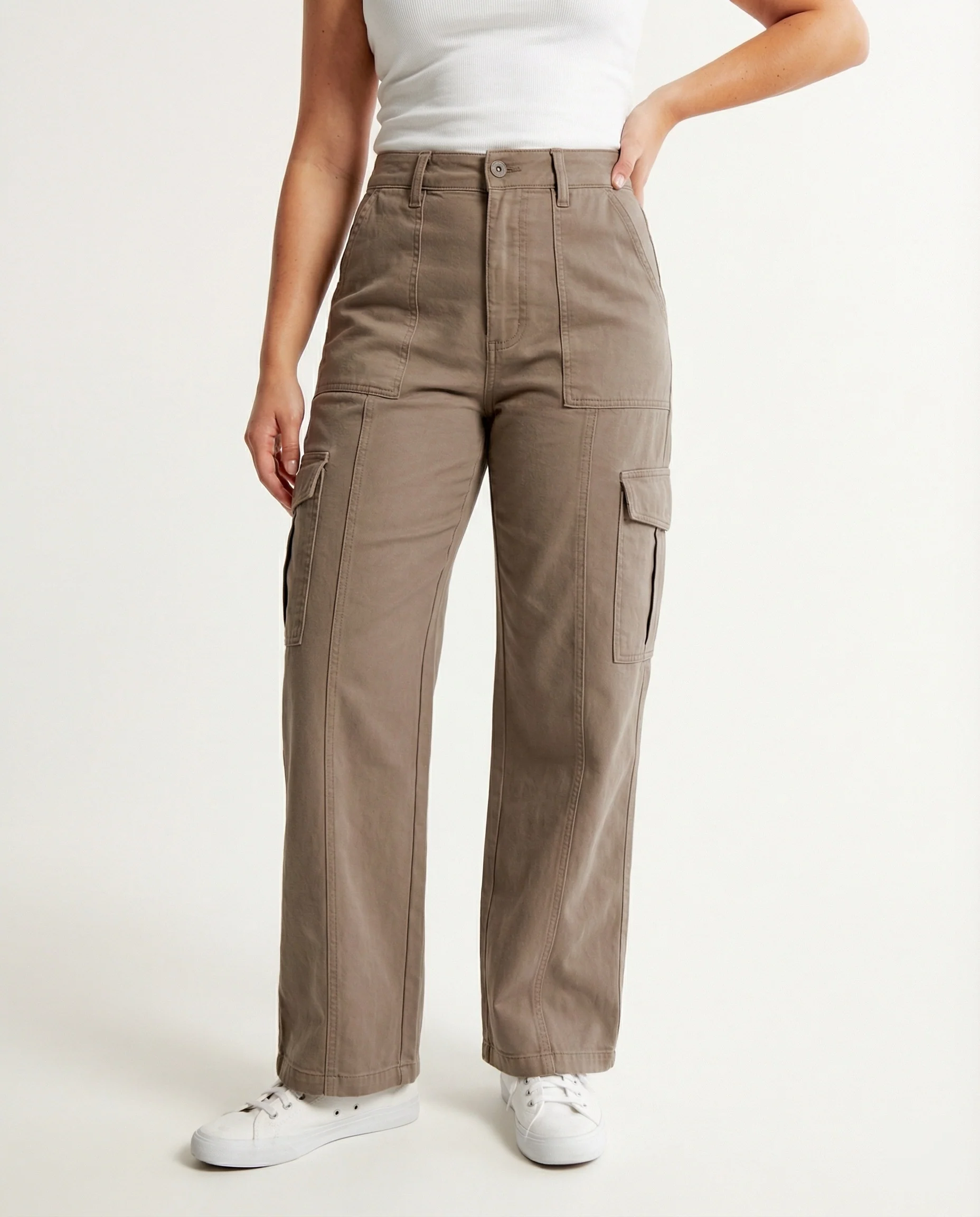 Damen hochtaillierte Utility-Hose mit weiten Beinpartien, aufgesetzten Klappentaschen und Knopf-Saumverstellung Heidi-Mode