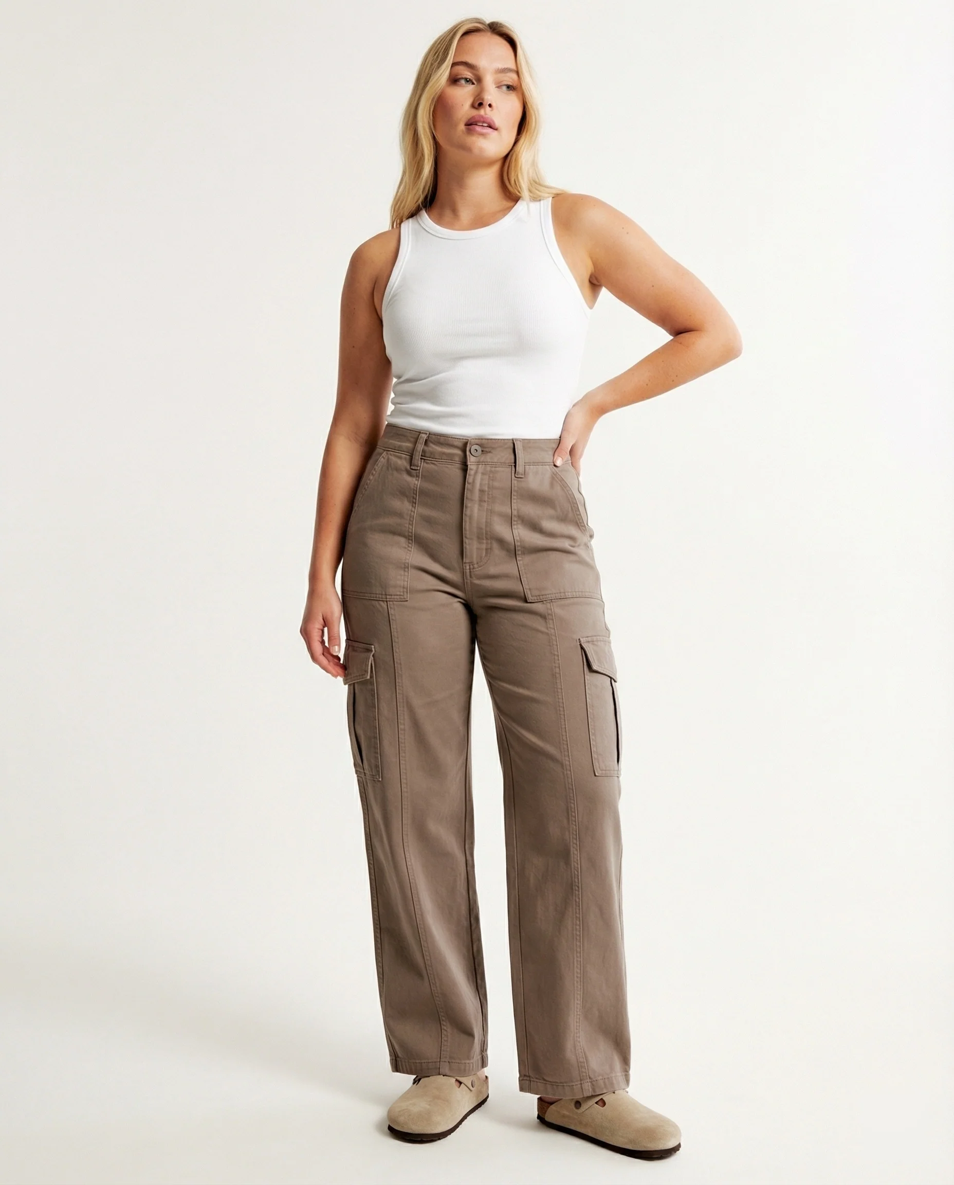 Damen hochtaillierte Utility-Hose mit weiten Beinpartien, aufgesetzten Klappentaschen und Knopf-Saumverstellung Heidi-Mode - Image 2