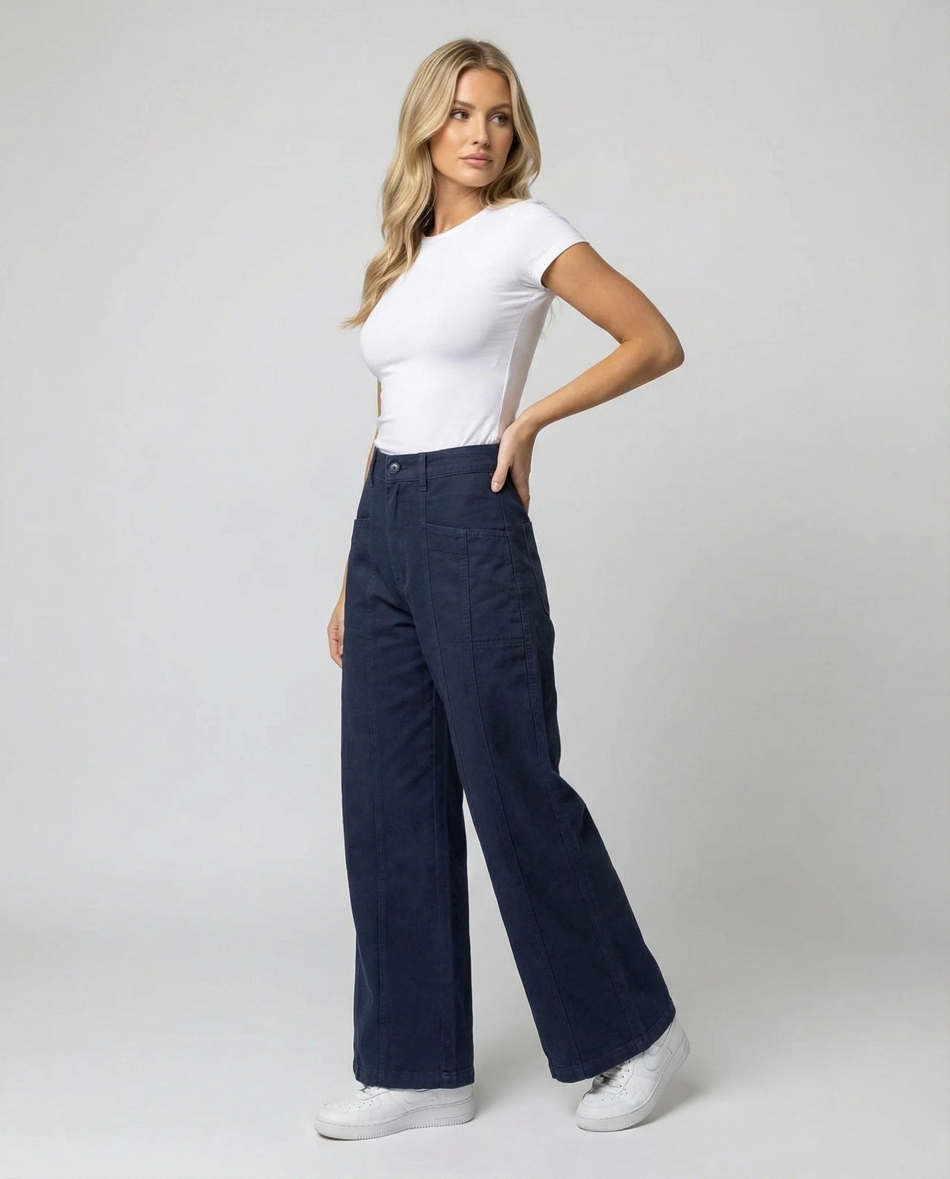 Damen hochtaillierte weite Ziernaht-Twillhose mit sichtbarer Stepplinie, Reißverschluss-Fly und tiefem Schritt Heidi-Mode - Image 2