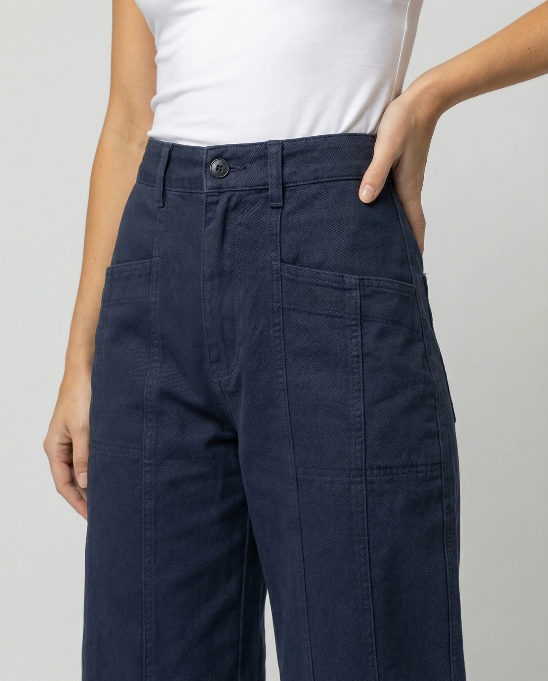 Damen hochtaillierte weite Ziernaht-Twillhose mit sichtbarer Stepplinie, Reißverschluss-Fly und tiefem Schritt Heidi-Mode - Image 3