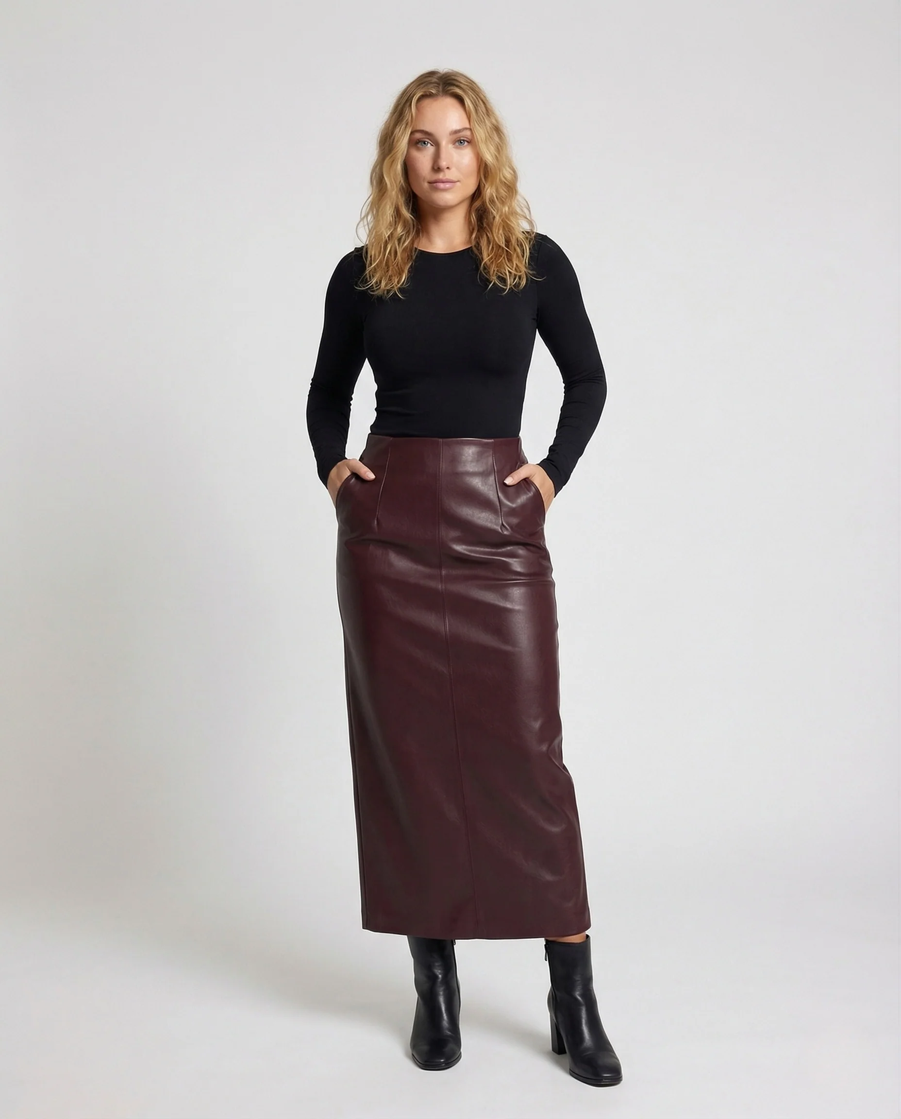 Damen Kunstleder Midirock A-Linie