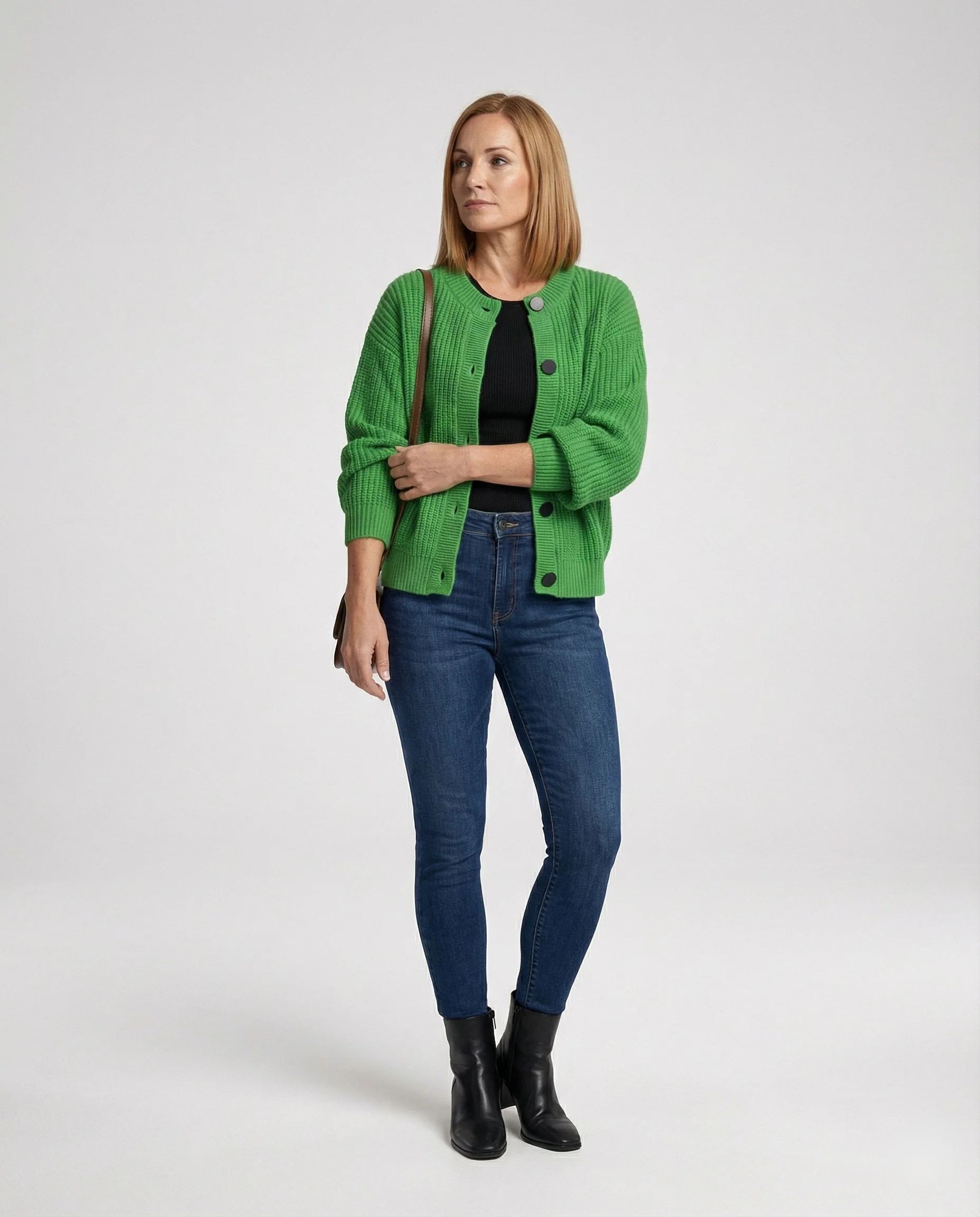Damen hüftlanger Grobstrick-Cardigan mit markanten runden Zierknöpfen Oversize-Passform Ballonärmeln und geripptem Saum Heidi-Mode - Image 2