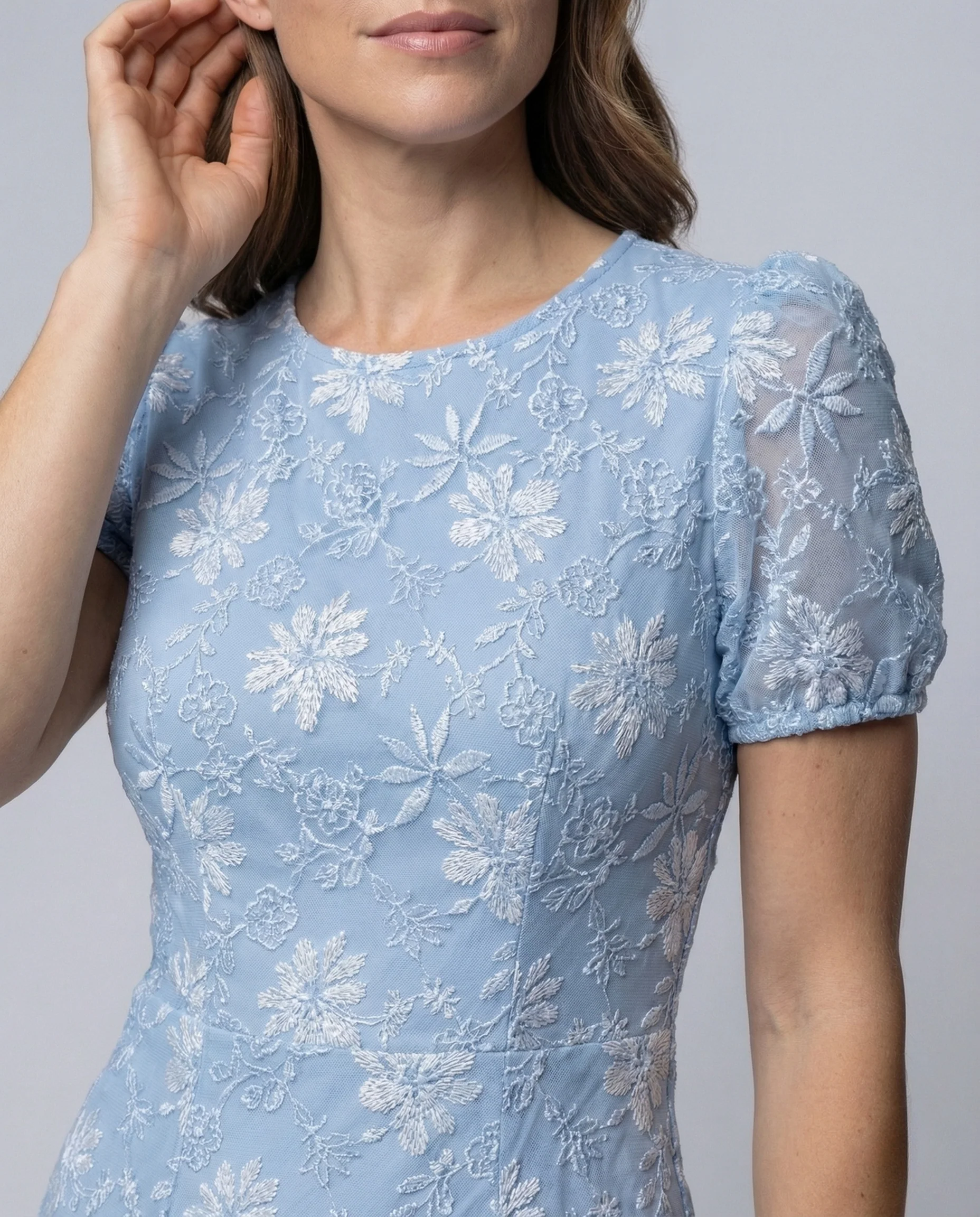 Damen Jacquard Etuikleid mit Puffärmeln - Image 3