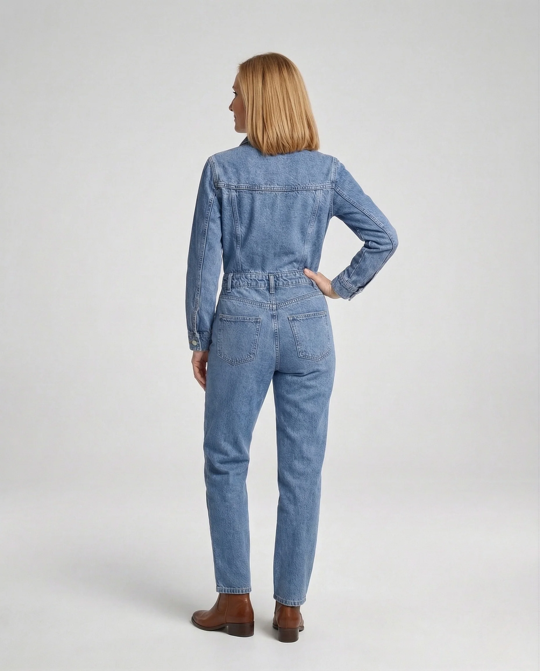 Damen Jeans Overall mit Hemdkragen & Gürtel Wide Leg - Image 3