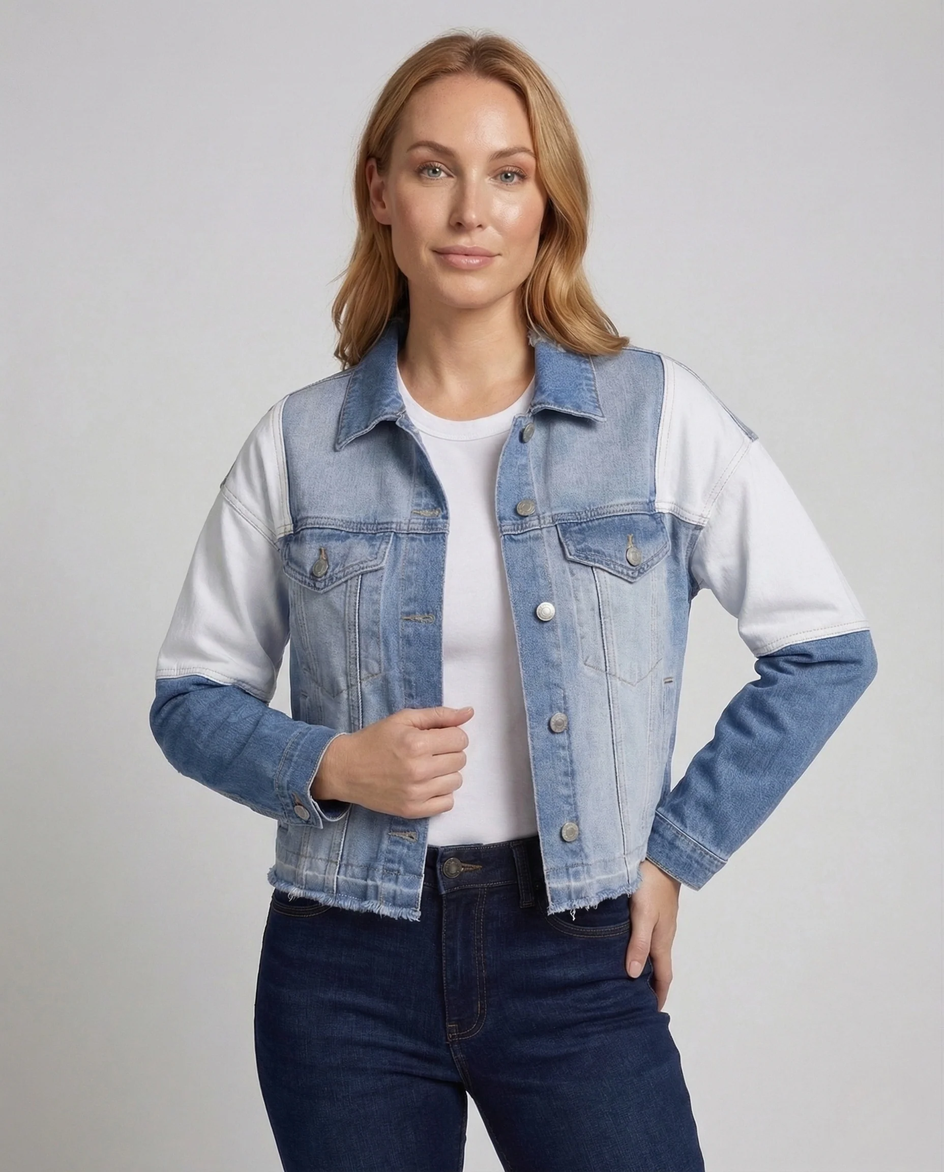 Damen Jeansjacke Patchwork Kurz - Image 2