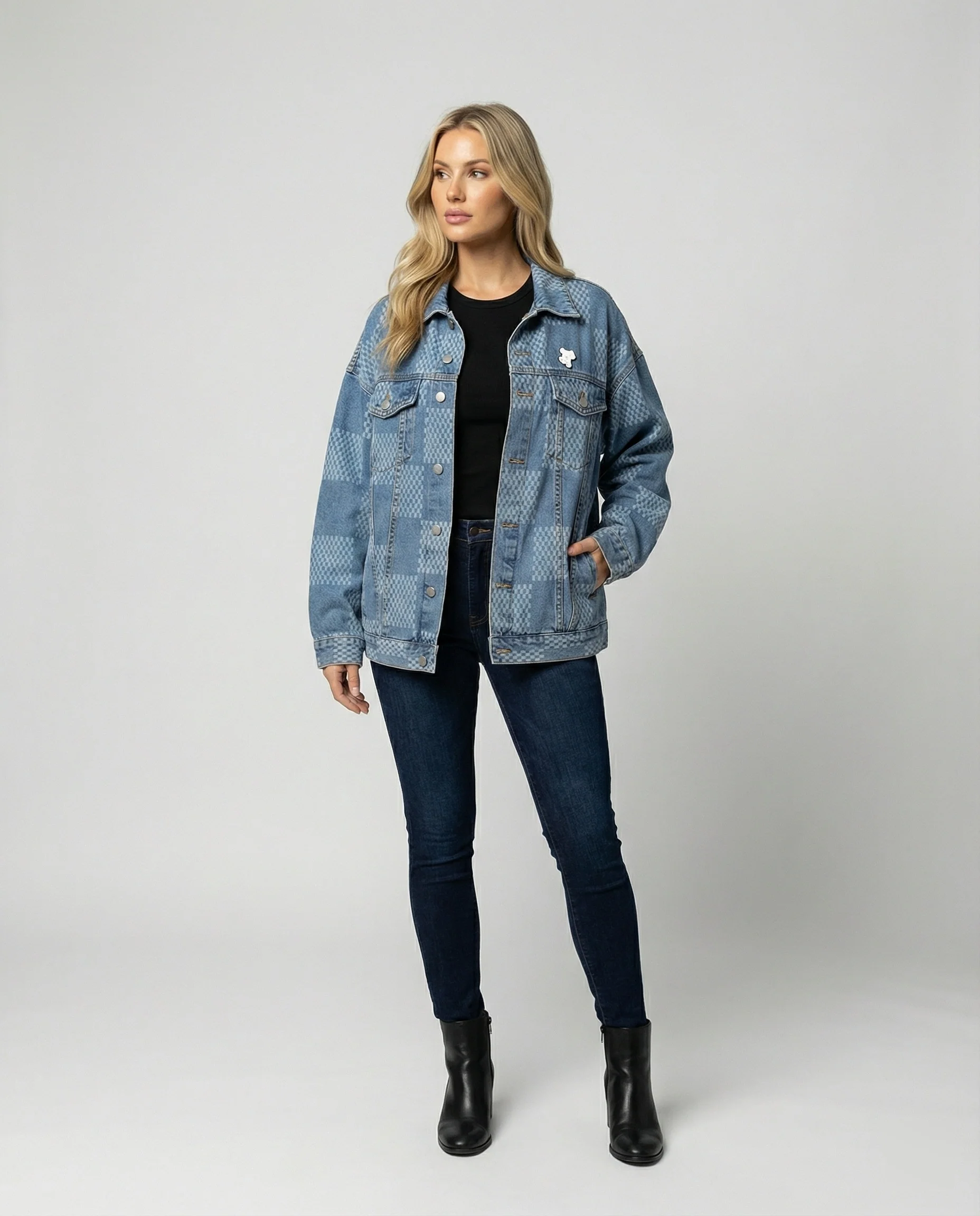 Damen Jeansjacke im Schachbrettmuster mit weit geschnittener Passform und urbaner Optik Heidi-Mode - Image 2