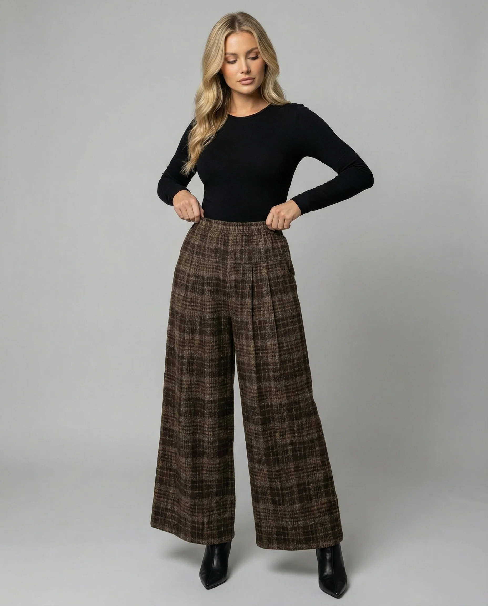 Damen karierte Culottehose im Palazzo-Stil mit hohem Bund und fließendem Wollmix Heidi Mode