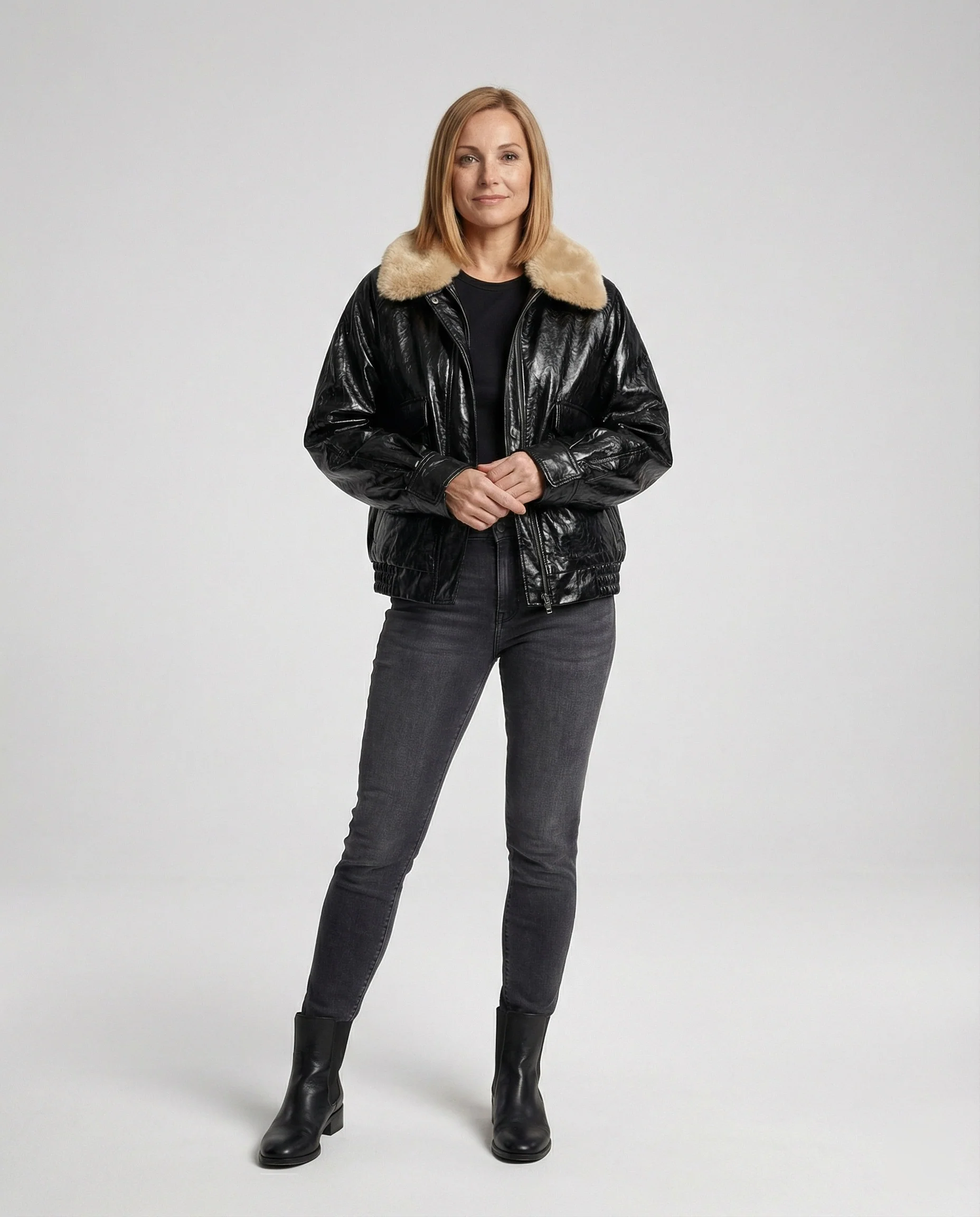 Damen kastig geschnittener Lederlook-Blouson mit abnehmbarem Teddykragen Heidi-Mode - Image 2