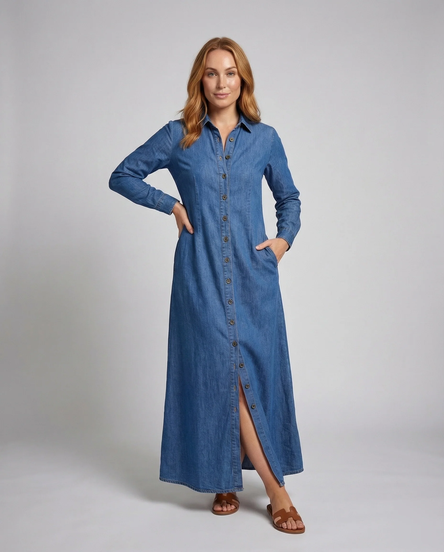 Damen Jeans Hemdblusenkleid Lang