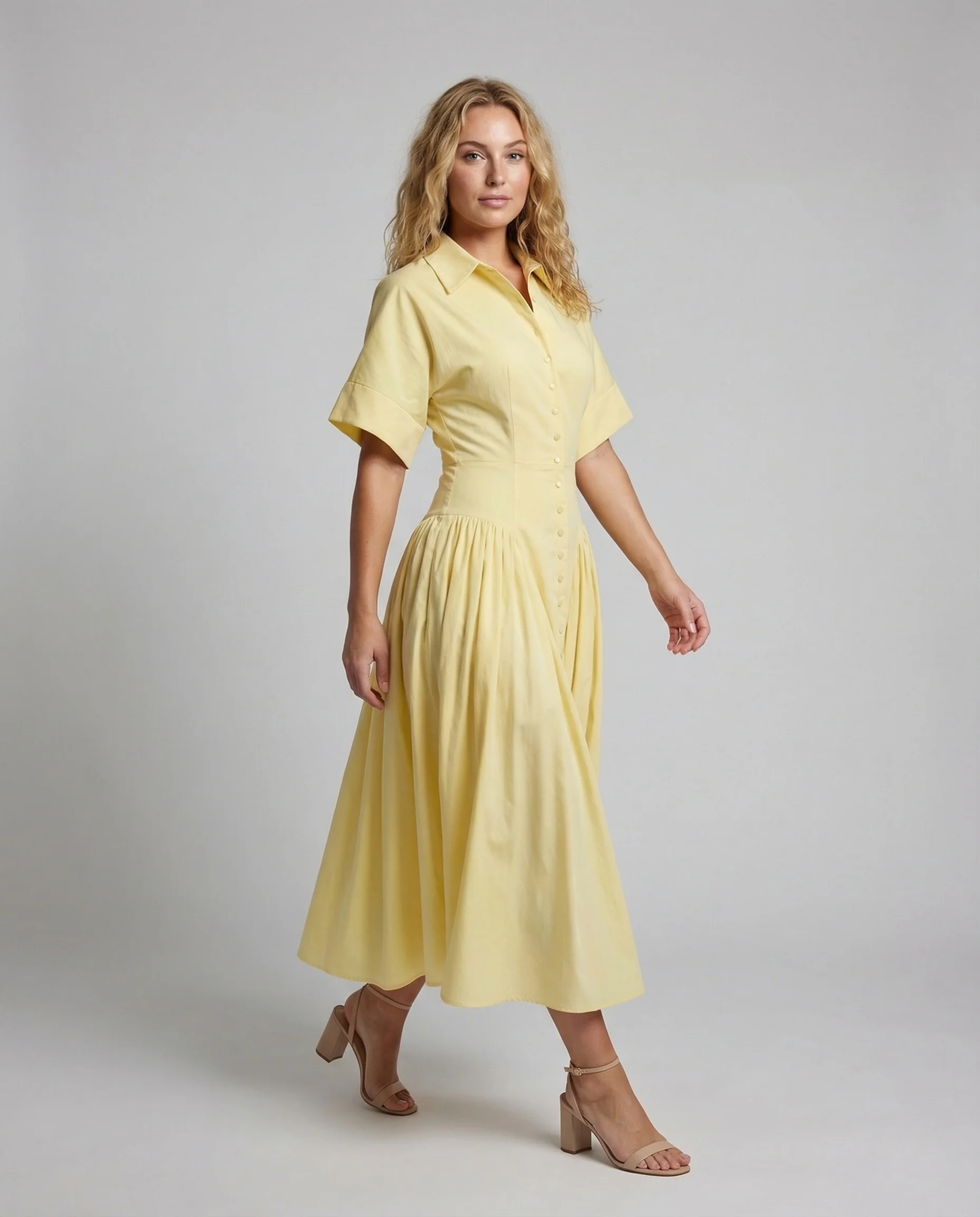 Damen Hemdblusenkleid Lang Faltenrock