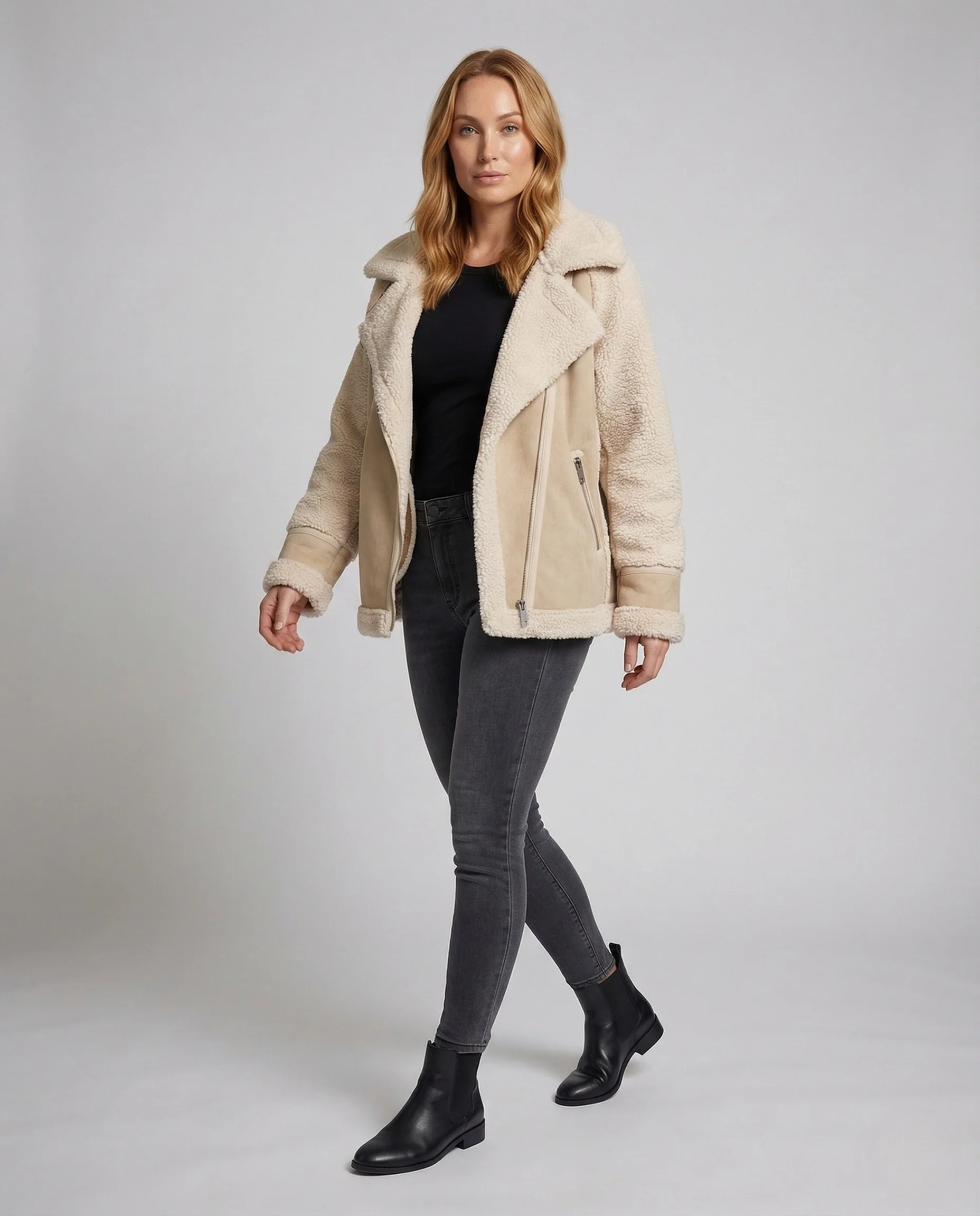 Damen Aviatorjacke Kurz Teddyfutter Kunstleder