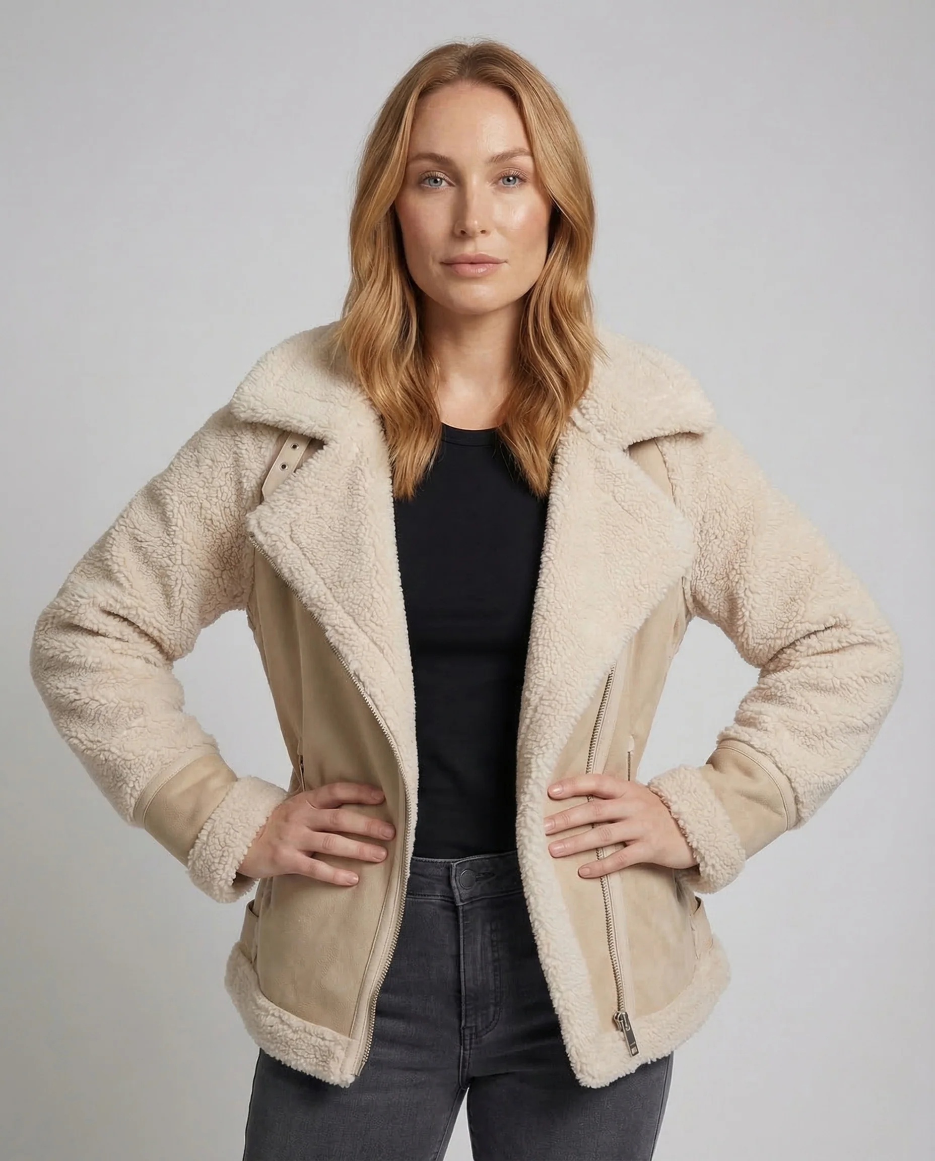 Damen Aviatorjacke Kurz Teddyfutter Kunstleder - Image 2