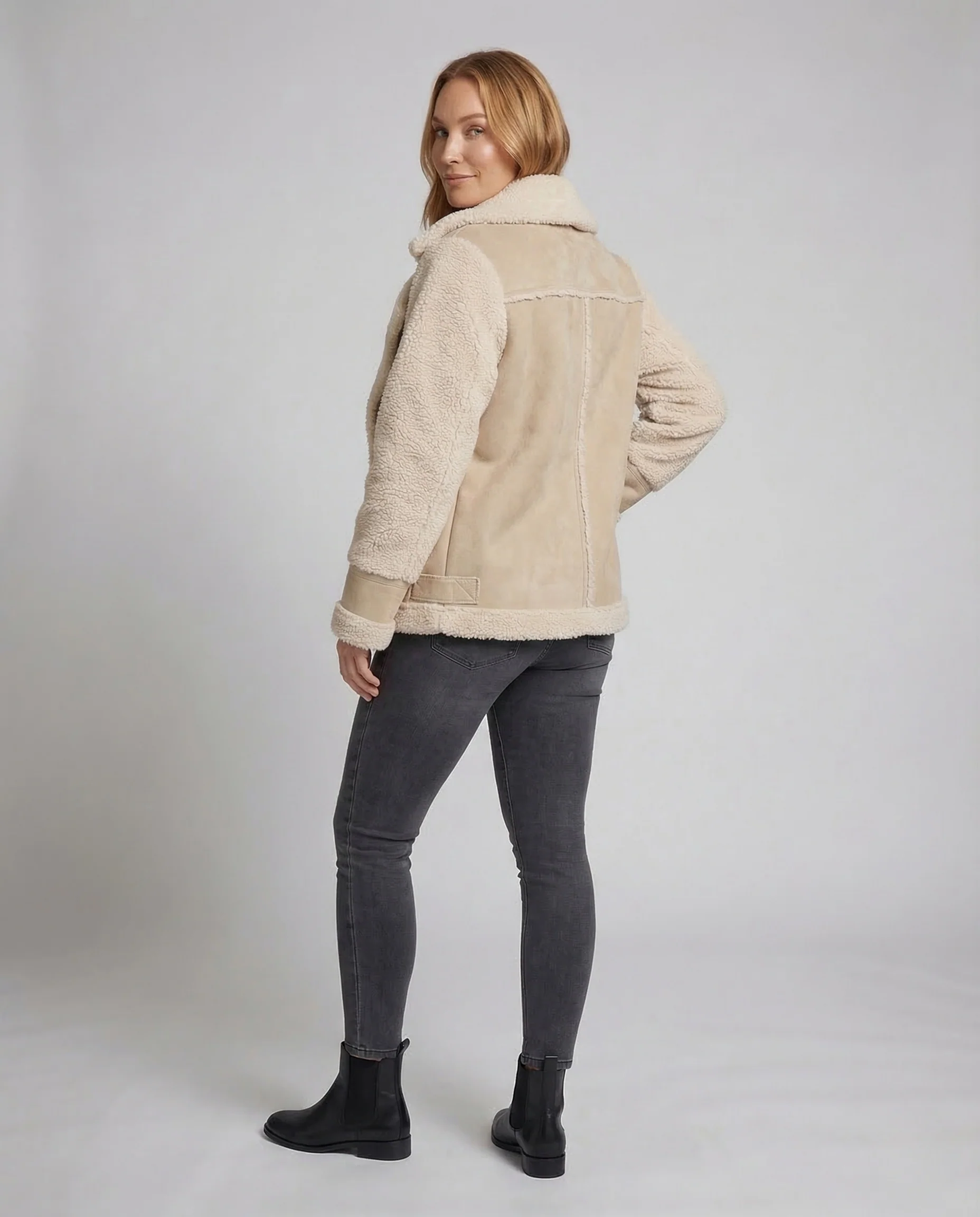 Damen Aviatorjacke Kurz Teddyfutter Kunstleder - Image 4
