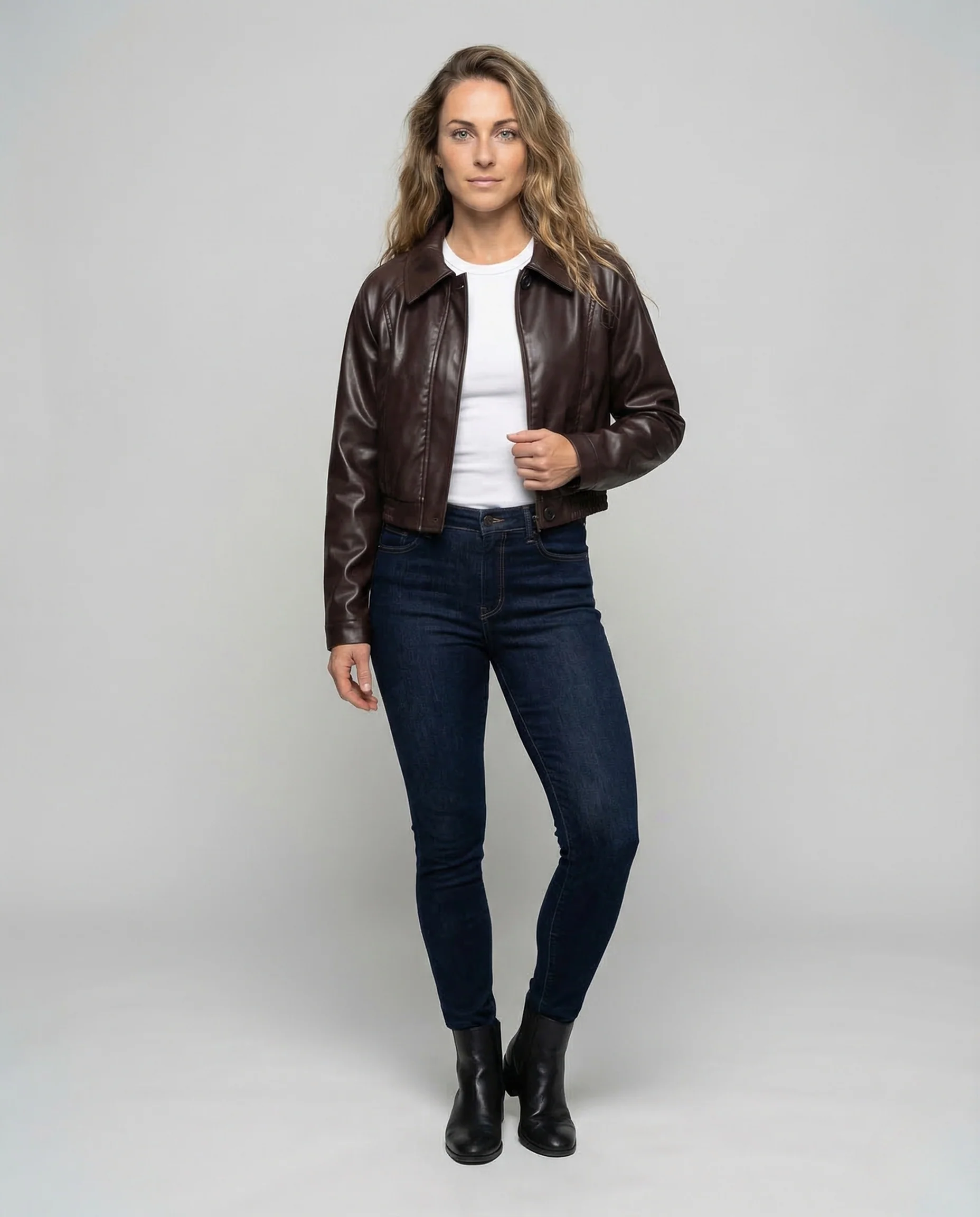 Damen Lederoptik Jacke Kurz Revers