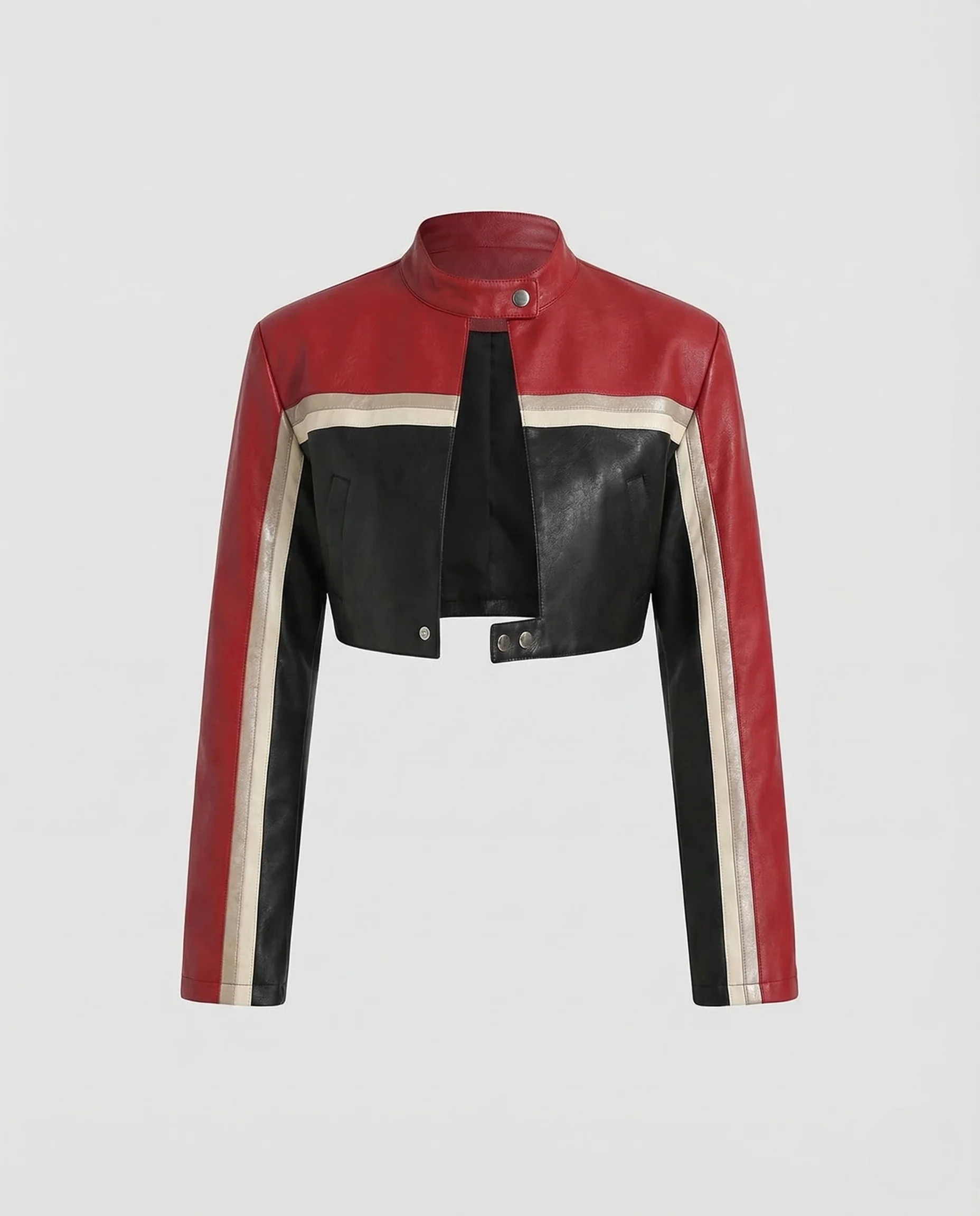 Damen Kunstleder Bikerjacke Kurz Stehkragen - Image 5