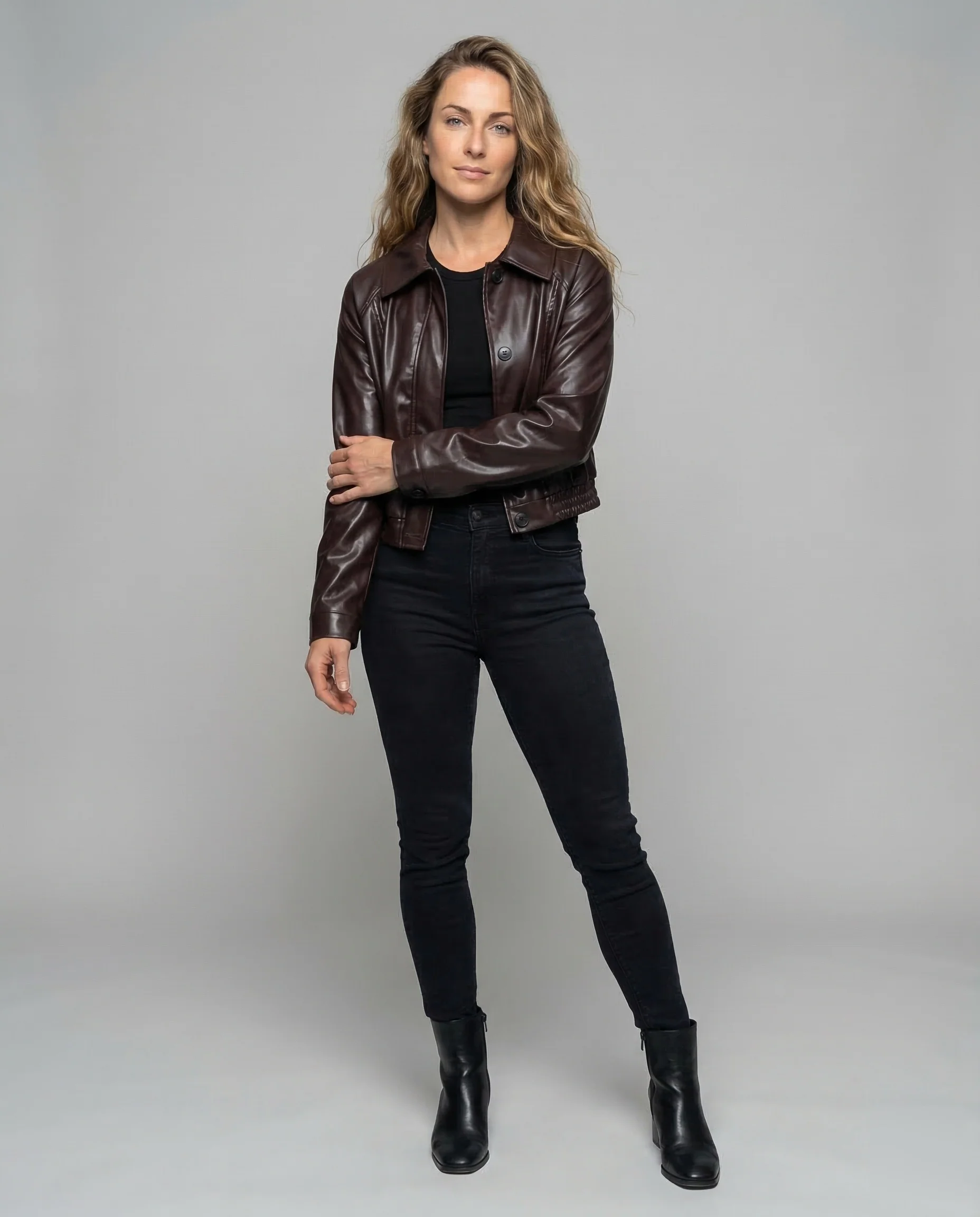 Damen Kunstlederjacke Kurz Oversize Kragen