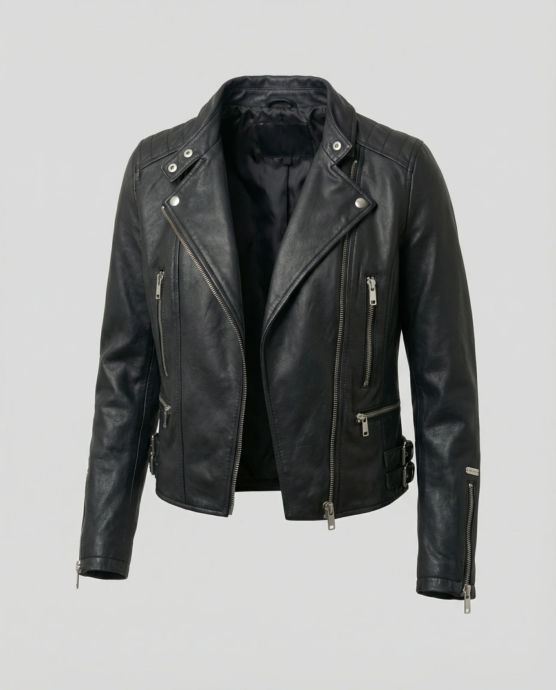Damen kurz geschnittene taillierte Bikerjacke mit asymmetrischem Reißverschluss gesteppter Ärmelpartie und seitlichen Schnallenbändern Heidi-Mode - Image 5