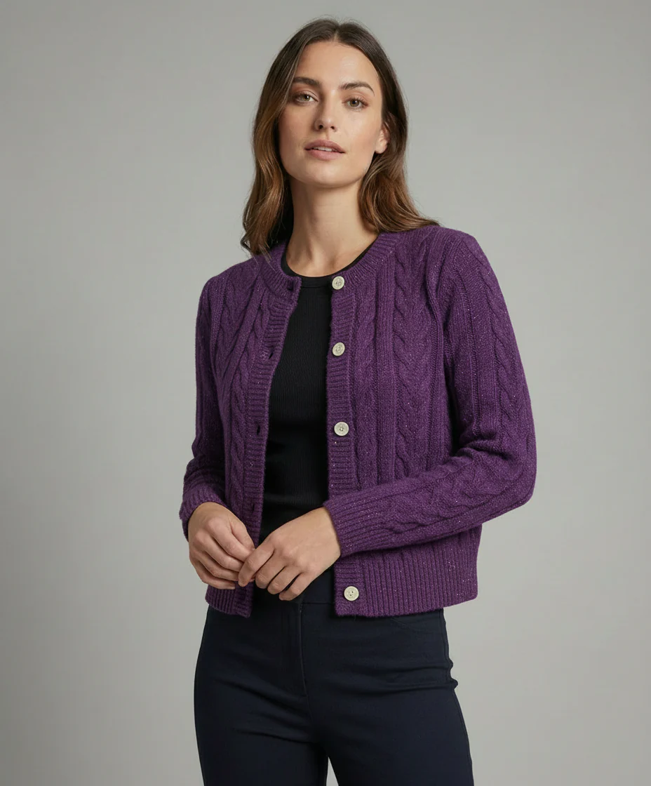 Damen kurz geschnittener kastiger Zopfmuster-Cardigan mit bunten Neps, Perlmuttknöpfen, Rippbündchen und Monogramm-Stickerei Heidi-Mode