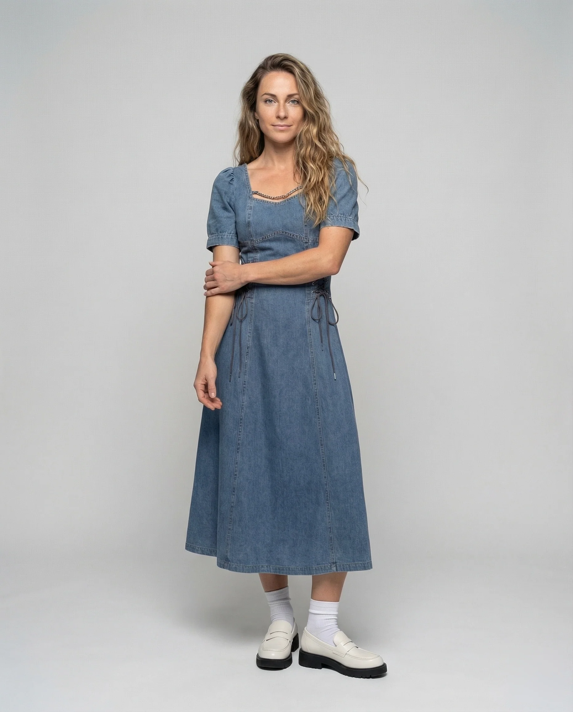 Damen Jeansoptik Kleid mit Korsettschnürung