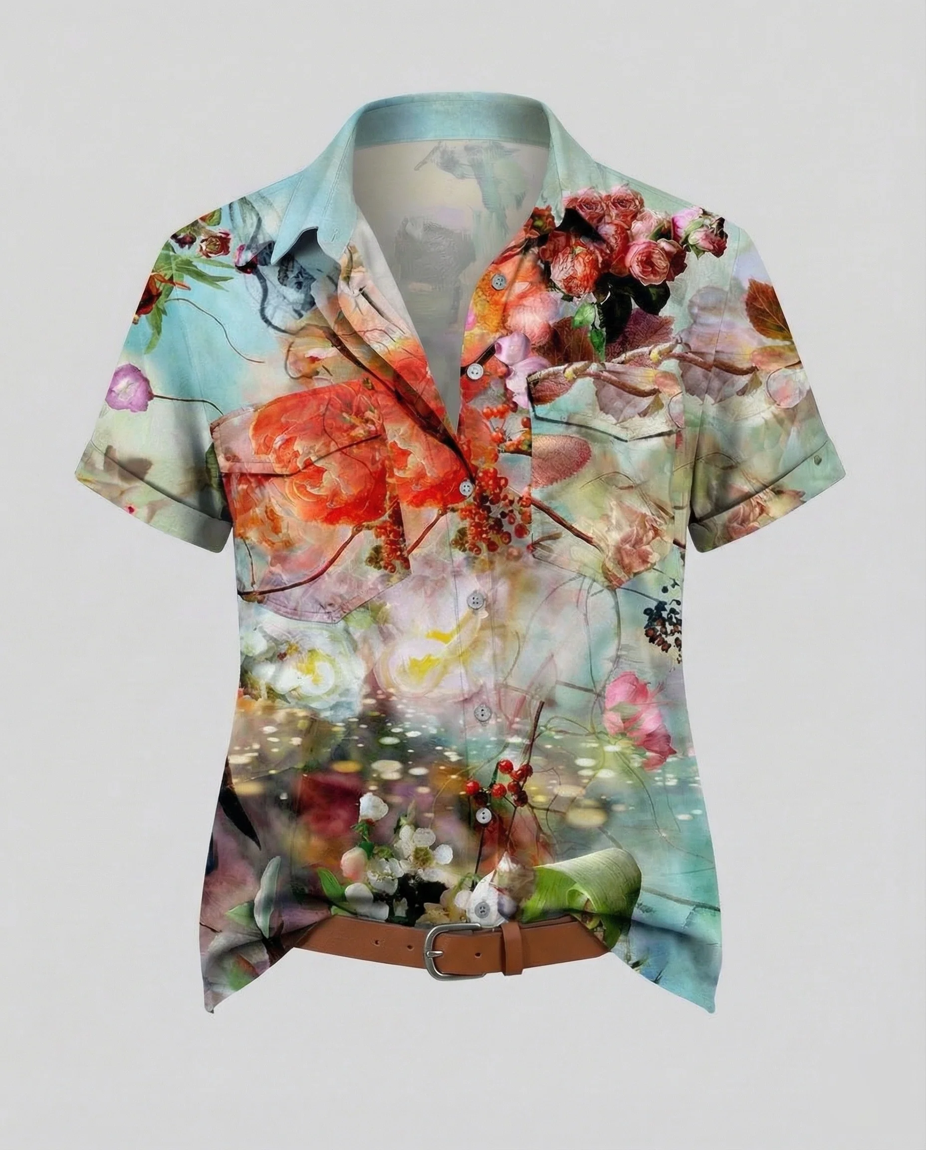 Kurzarm Hemdbluse Damen Aquarell Muster - Image 13