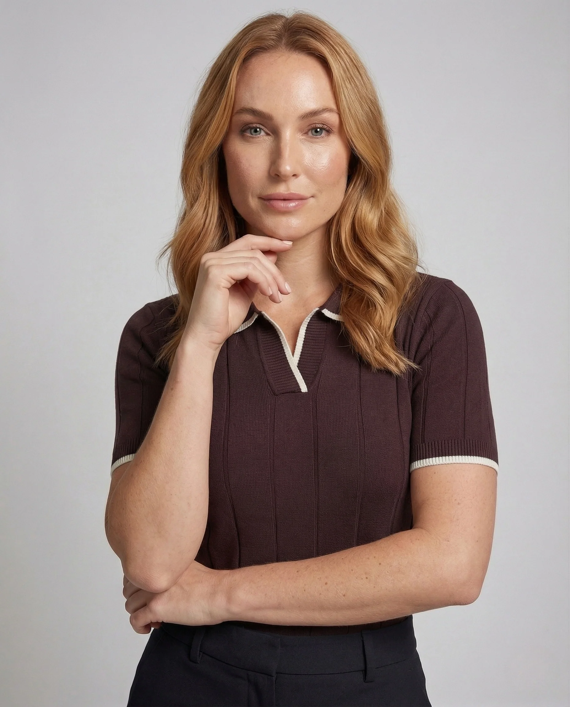 Damen Feinstrick Poloshirt Kurzarm V Ausschnitt