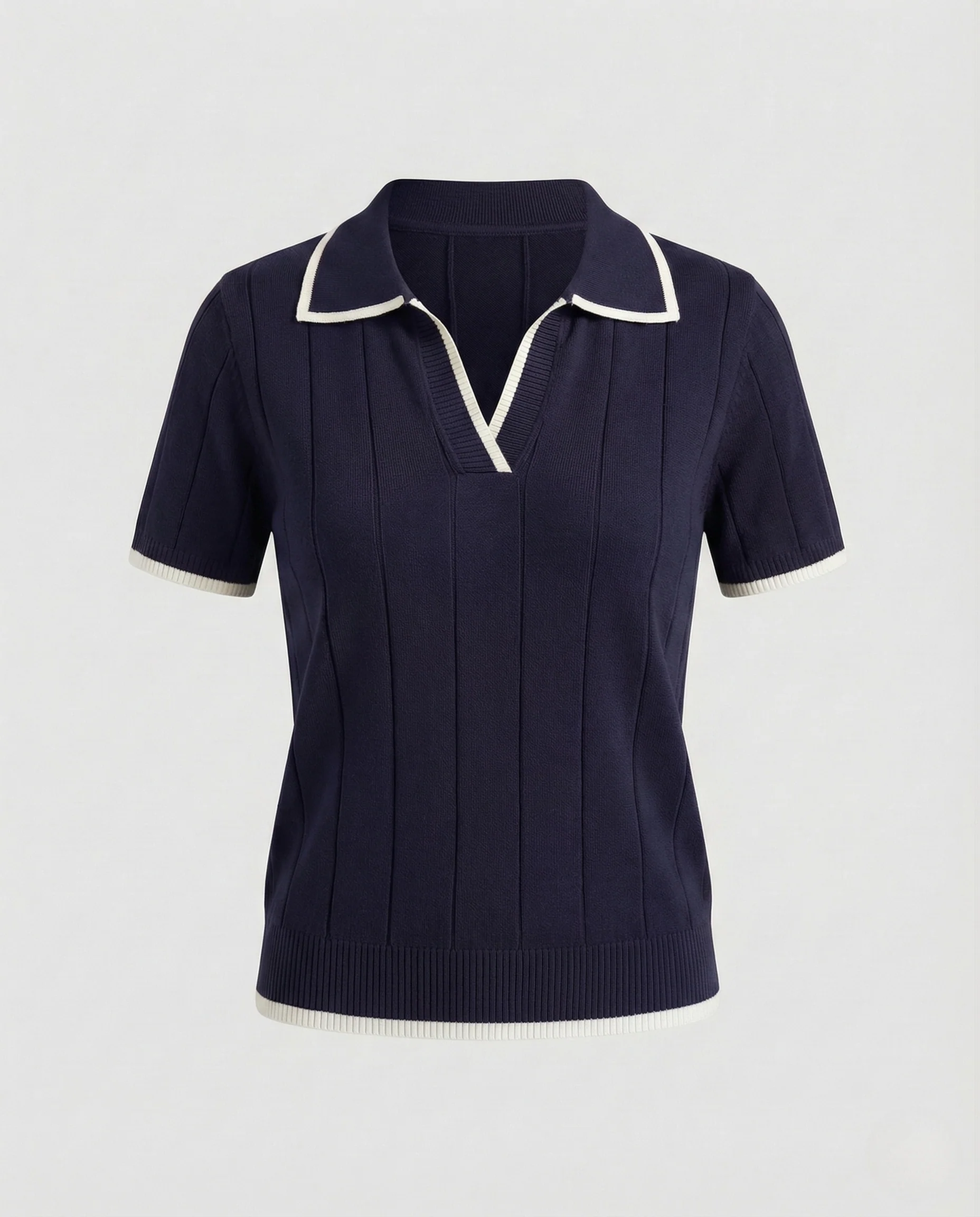 Damen Feinstrick Poloshirt Kurzarm V Ausschnitt - Image 6