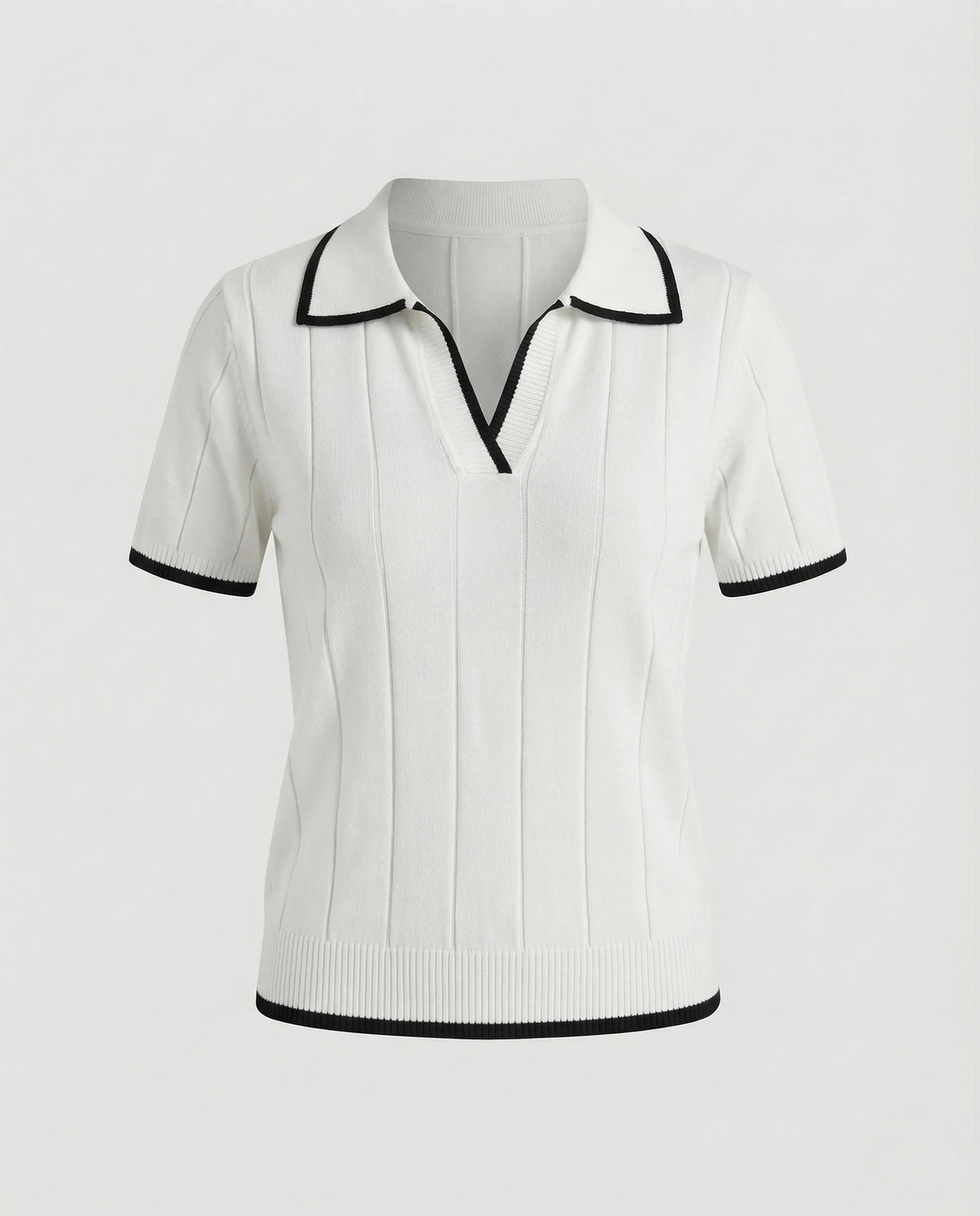 Damen Feinstrick Poloshirt Kurzarm V Ausschnitt - Image 9