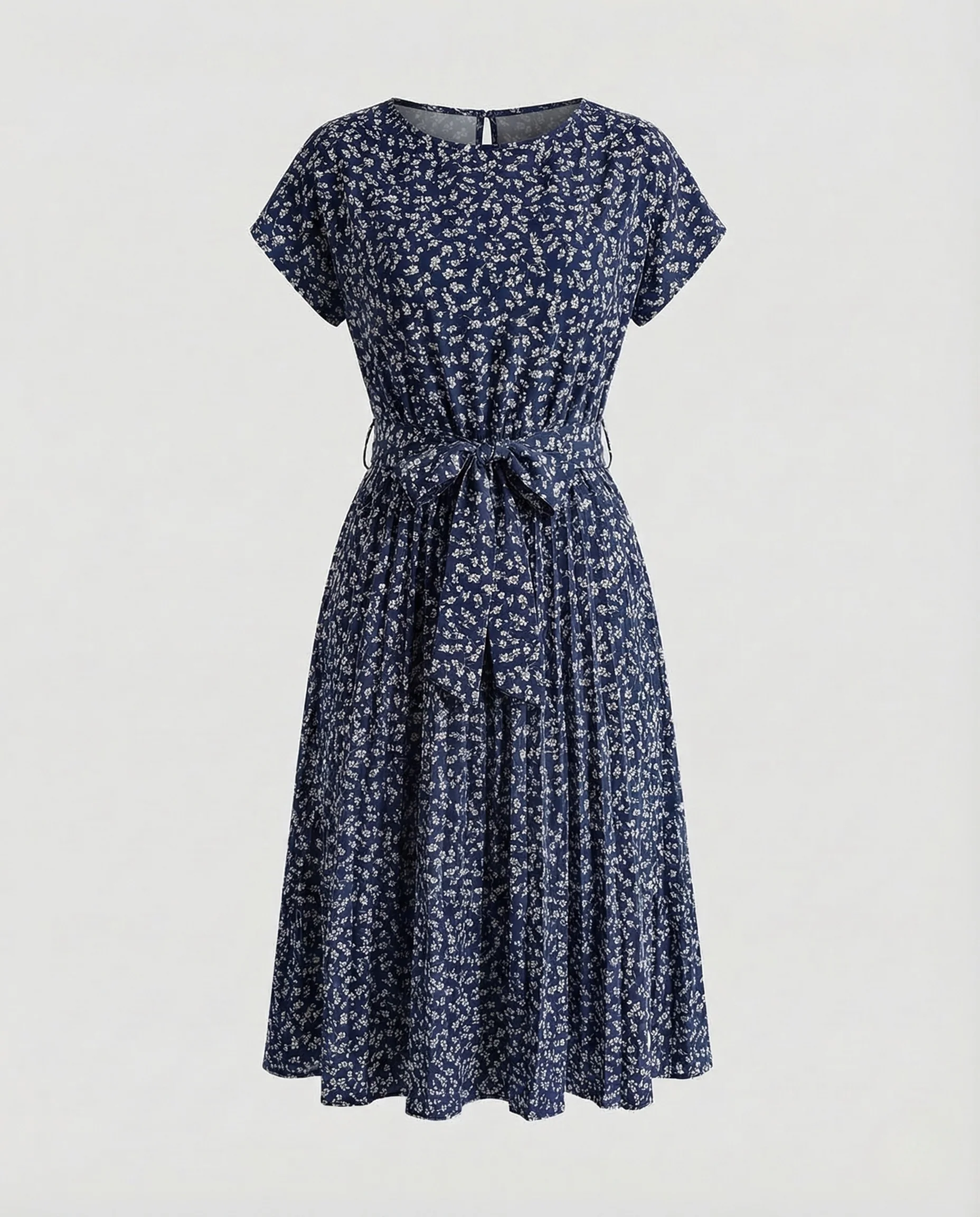 Damen Midikleid Plissee Gürtel Rundhals - Image 13