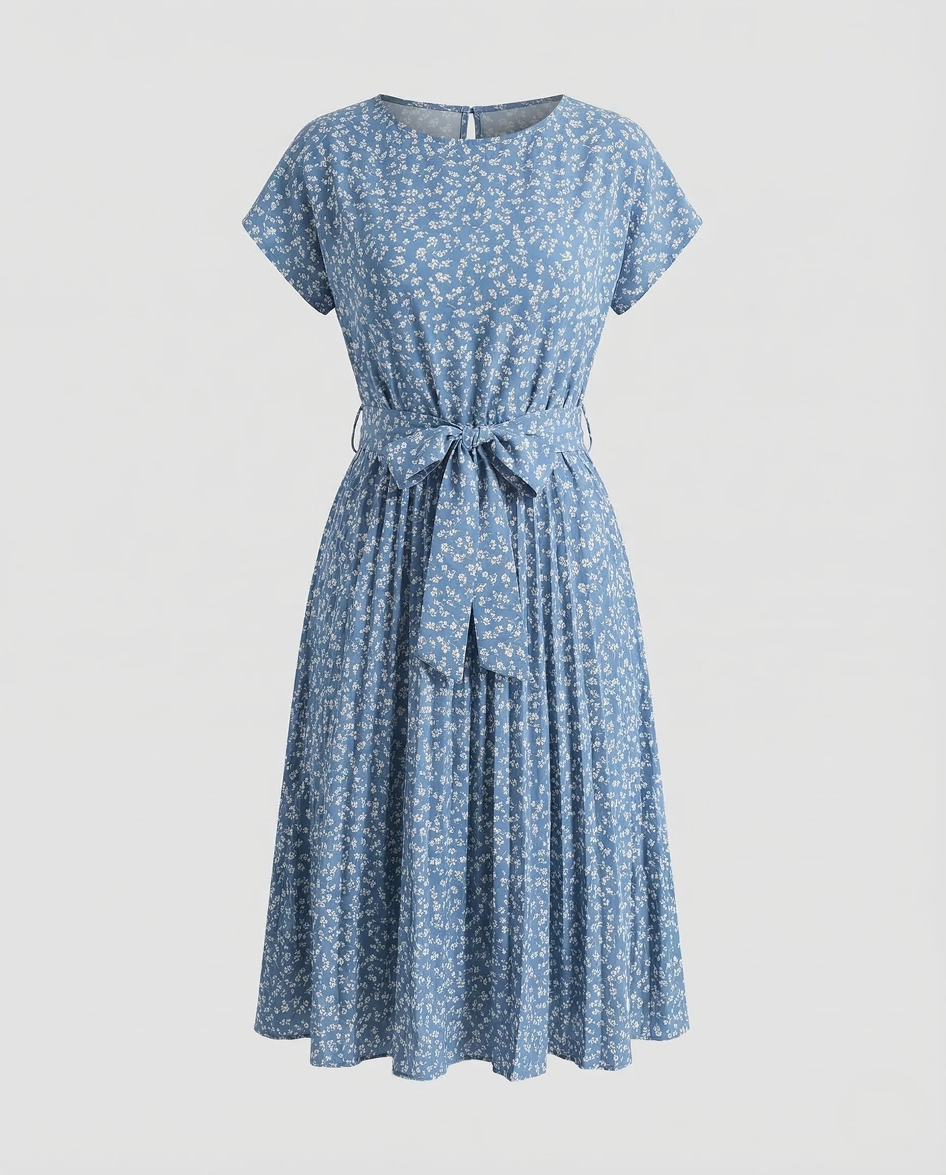 Damen Midikleid Plissee Gürtel Rundhals - Image 5
