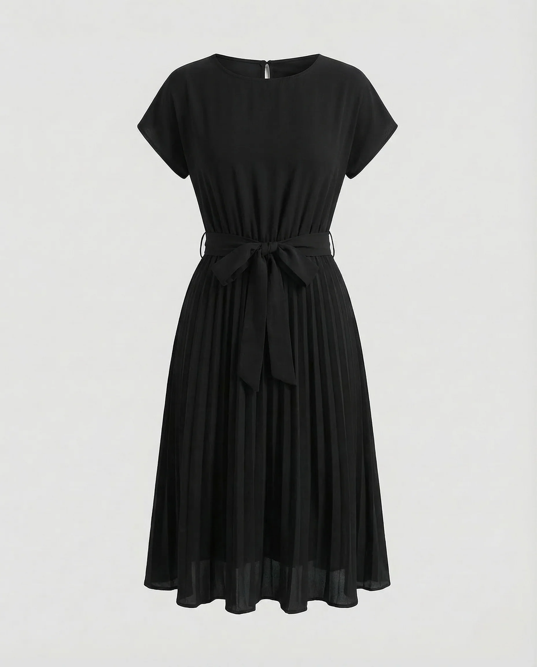 Damen Midikleid Plissee Gürtel Rundhals - Image 7