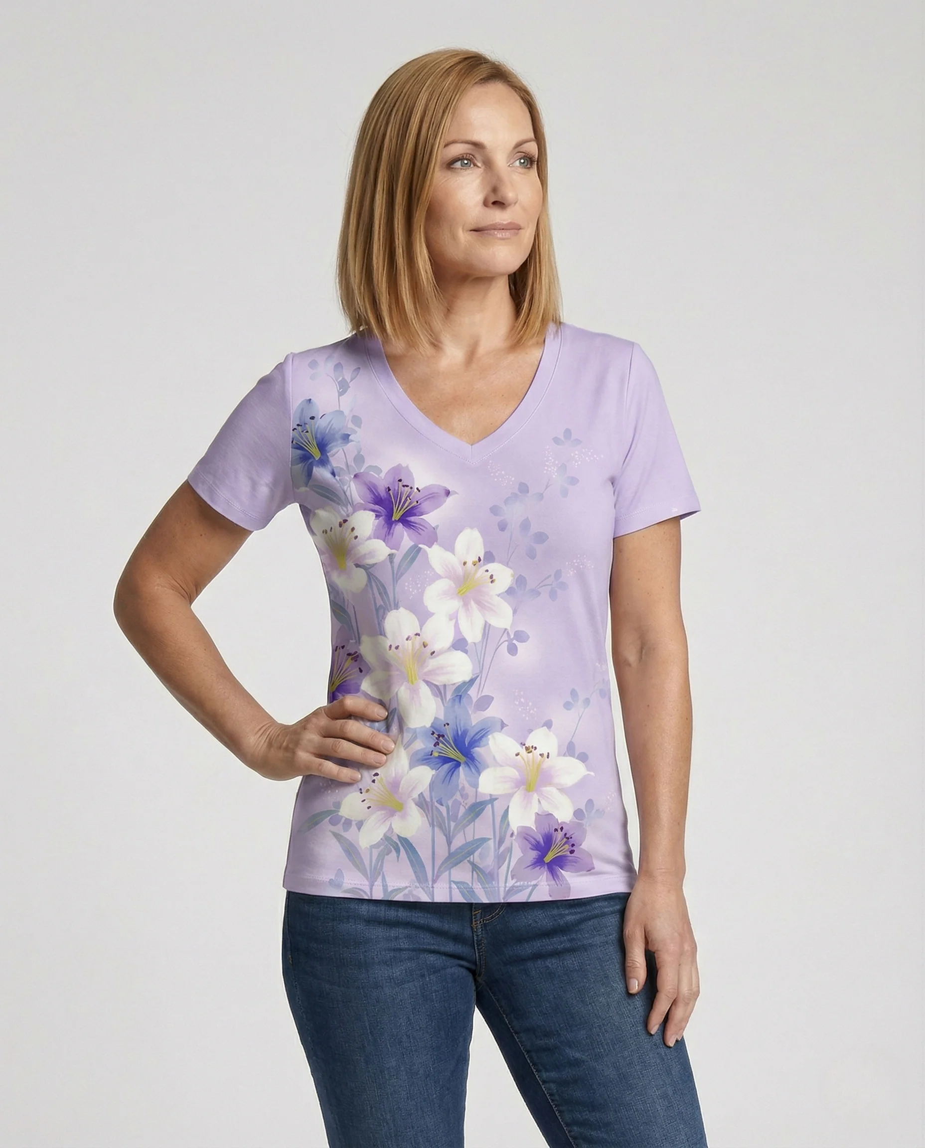 Kurzarmshirt Damen V-Ausschnitt Blumenprint