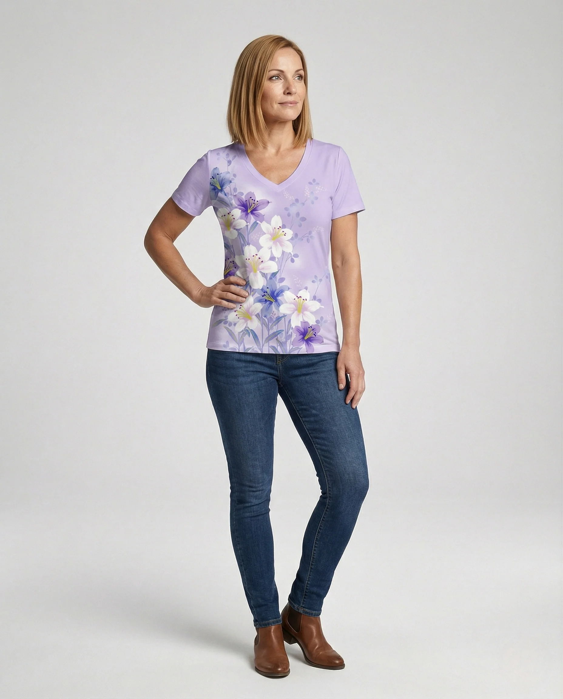 Kurzarmshirt Damen V-Ausschnitt Blumenprint - Image 2