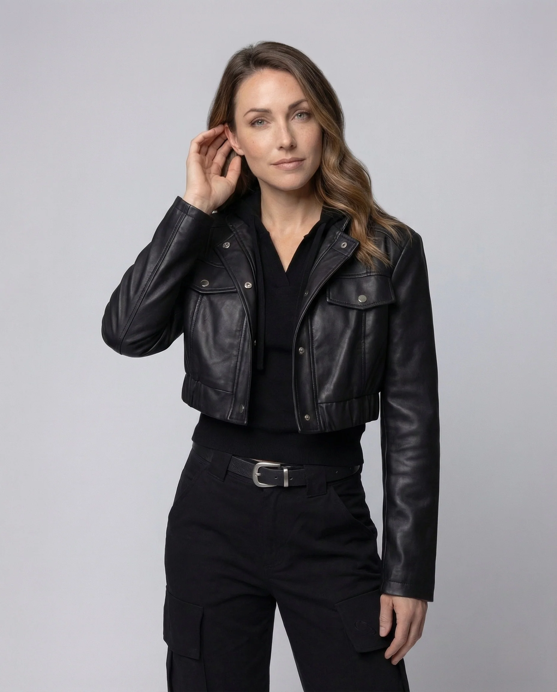 Damen Kunstleder Bikerjacke Schulterpolster - Image 2