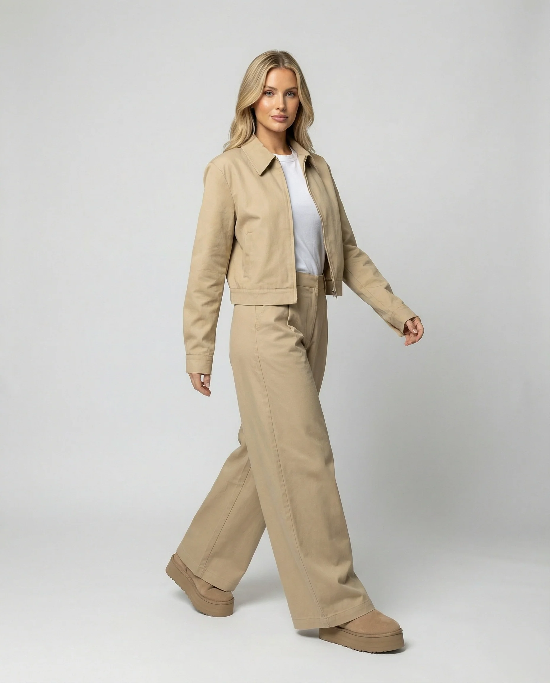 Damen kurze Blousonjacke und extraweite Palazzohose aus Baumwolltwill Heidi Mode