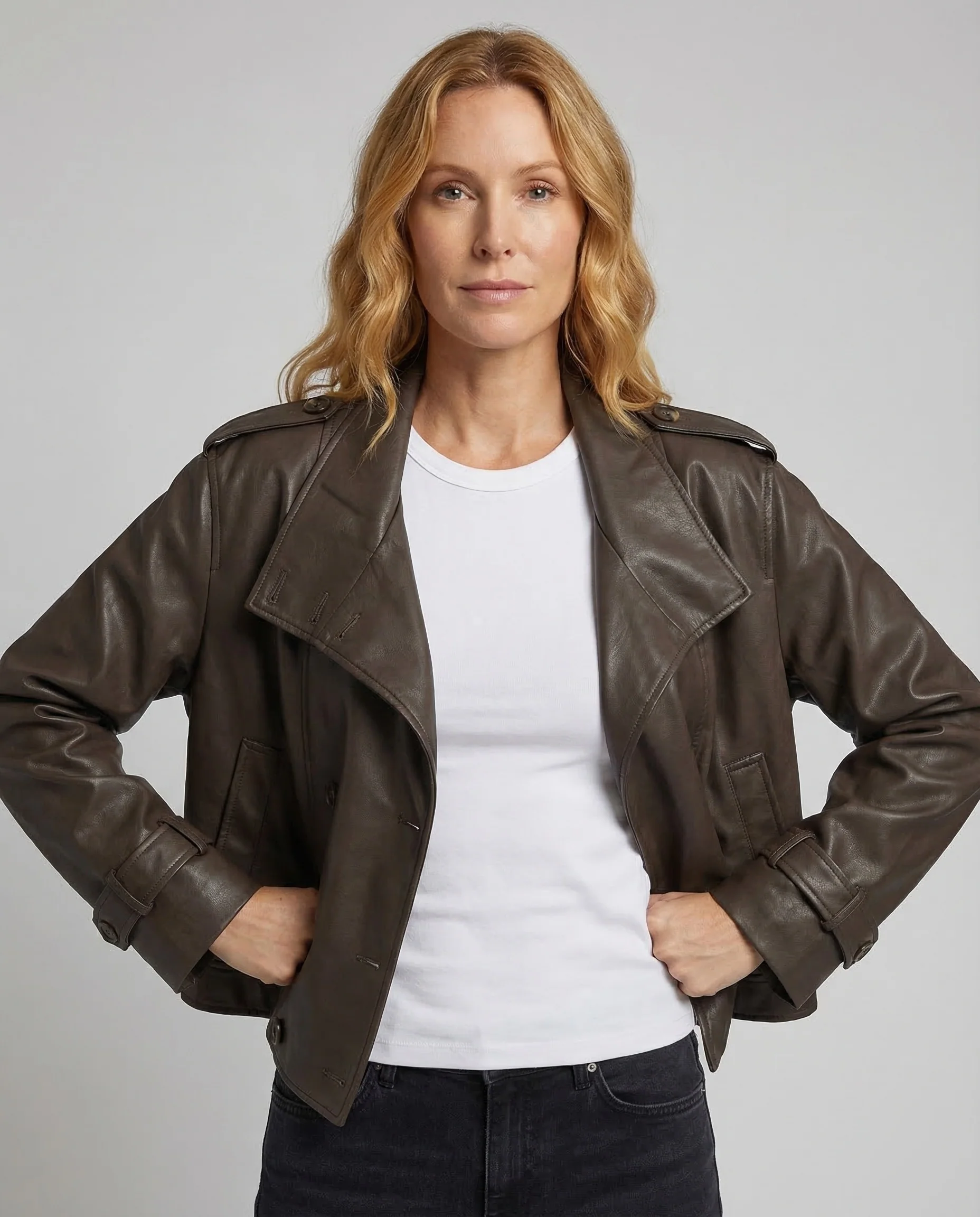 Damen Kunstlederjacke Doppelreiher Kurz - Image 2