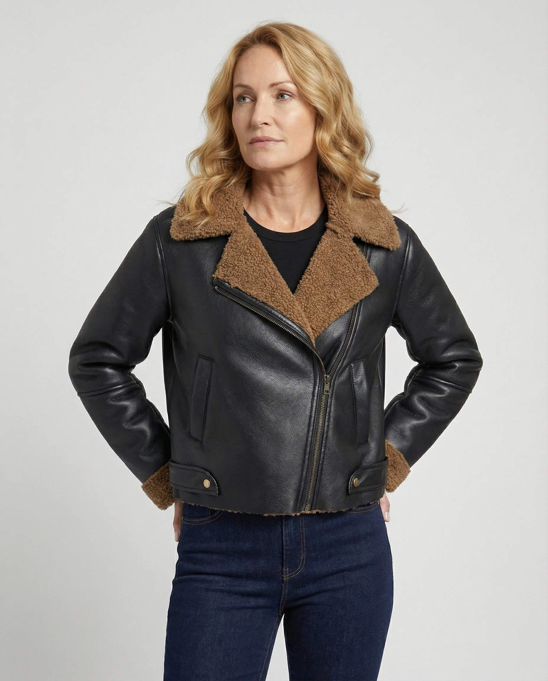 Damen Lederjacke Schwarz mit Teddykragen