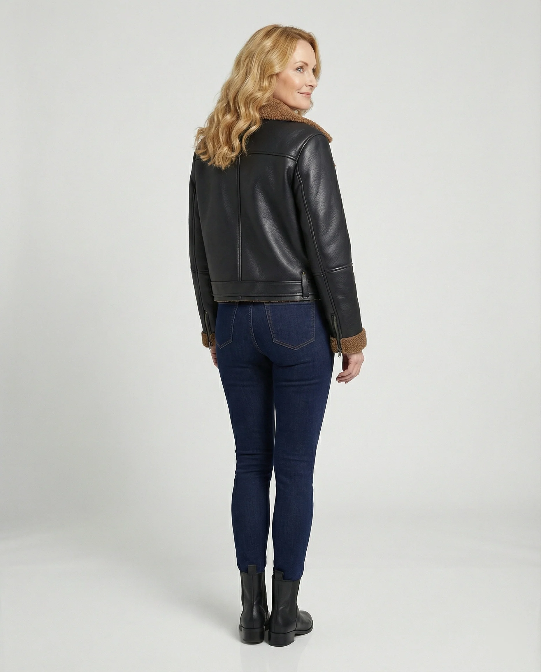 Damen Lederjacke Schwarz mit Teddykragen - Image 3