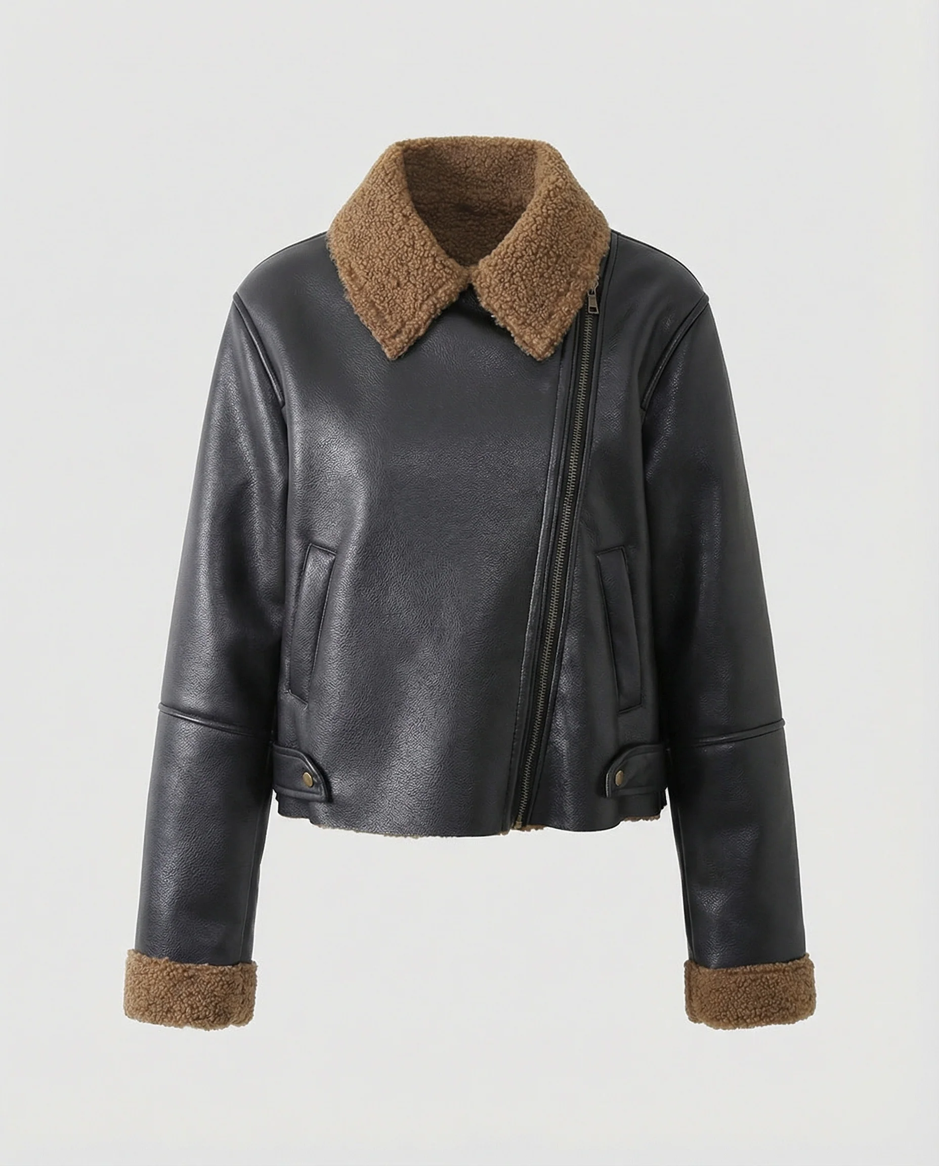 Damen Lederjacke Schwarz mit Teddykragen - Image 5