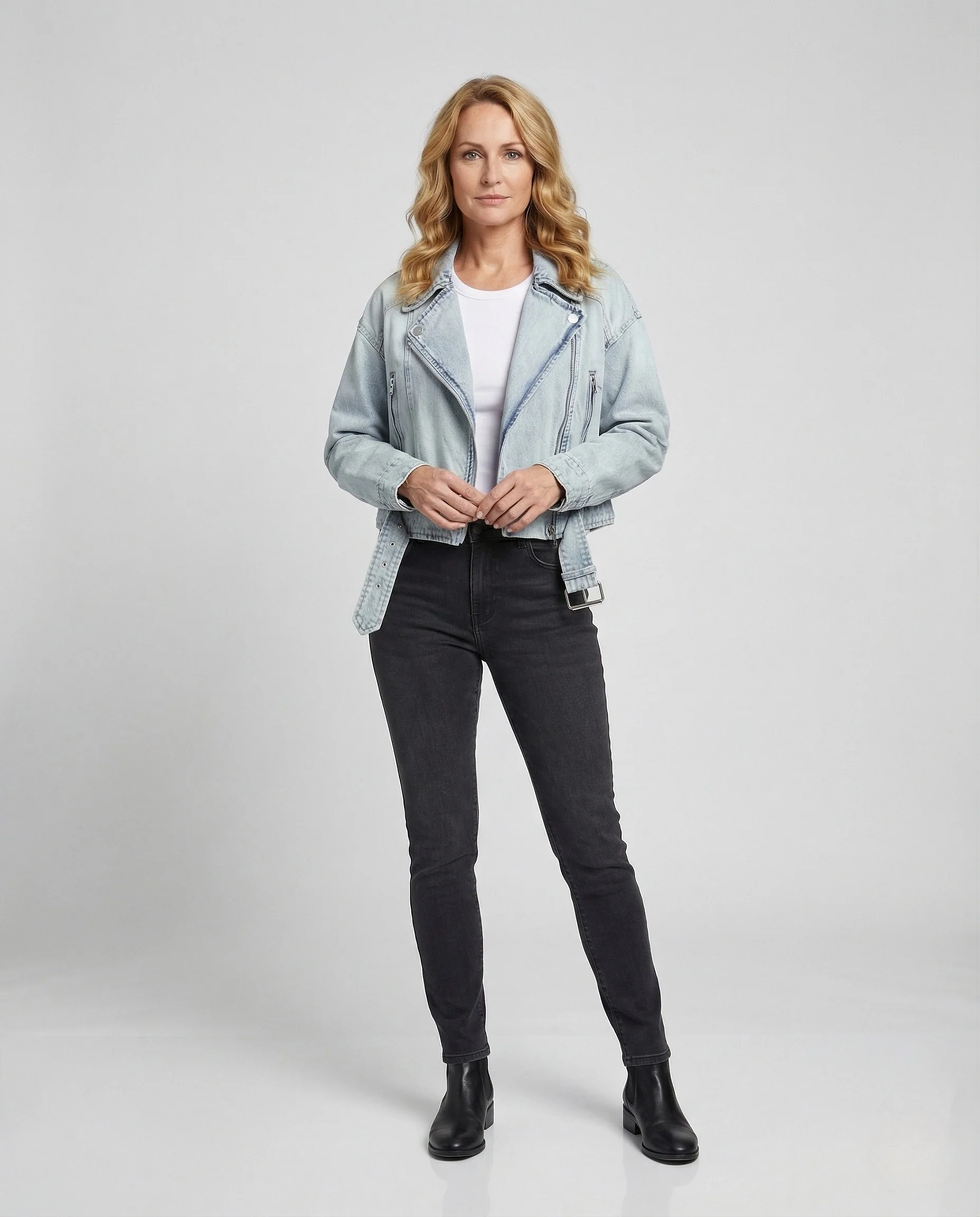 Damen Cropped Jeans Bikerjacke mit Gürtel & Reißverschluss