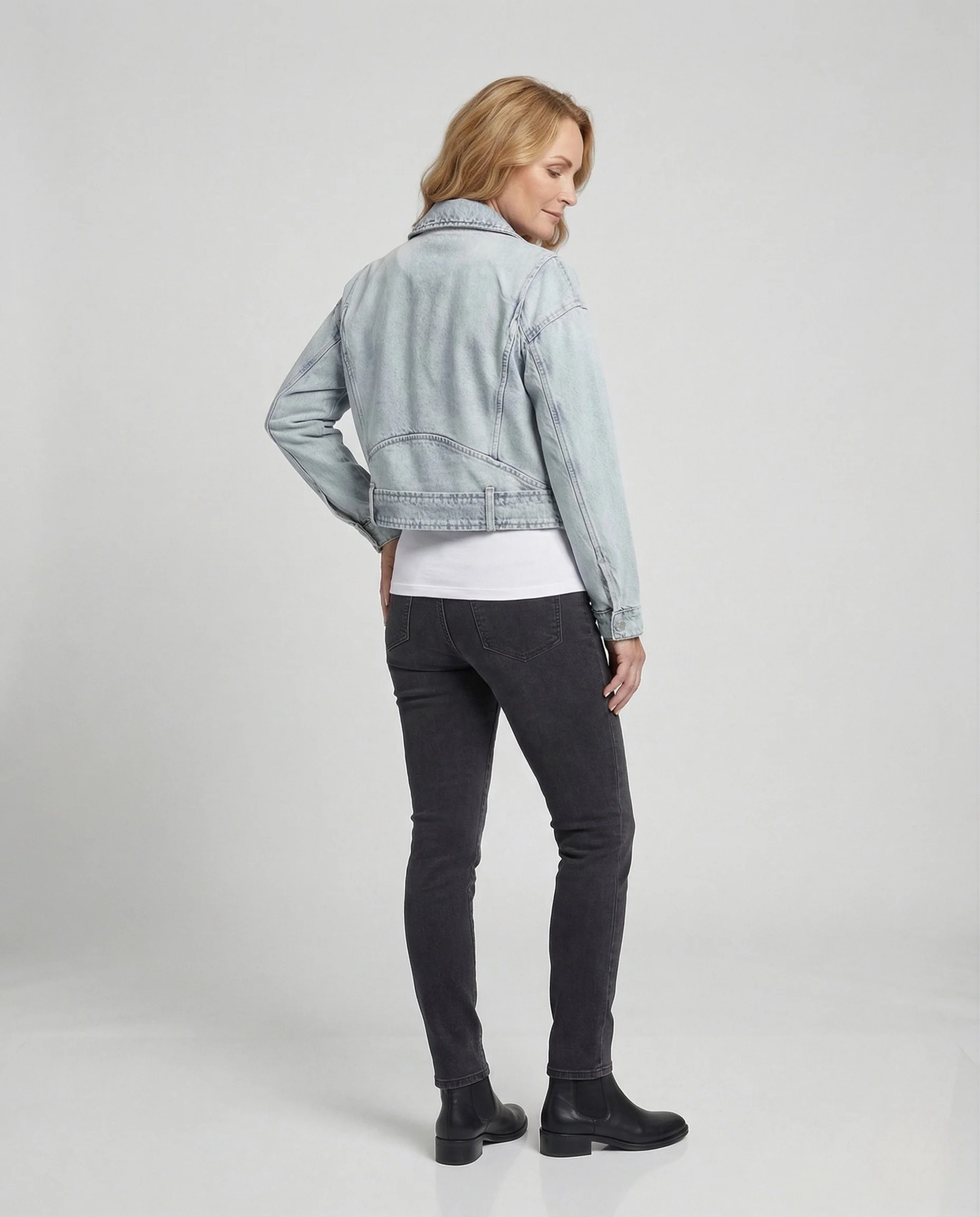 Damen Cropped Jeans Bikerjacke mit Gürtel & Reißverschluss - Image 4