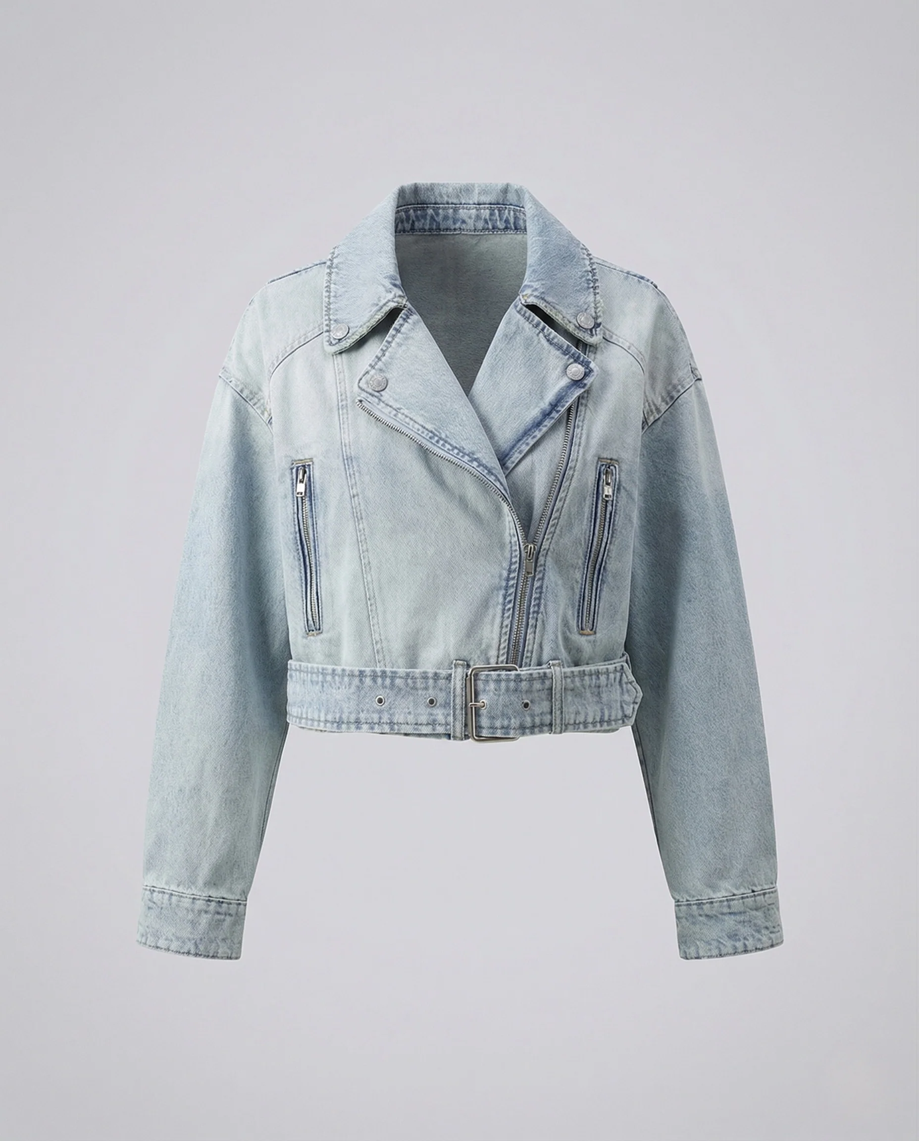 Damen Cropped Jeans Bikerjacke mit Gürtel & Reißverschluss - Image 5