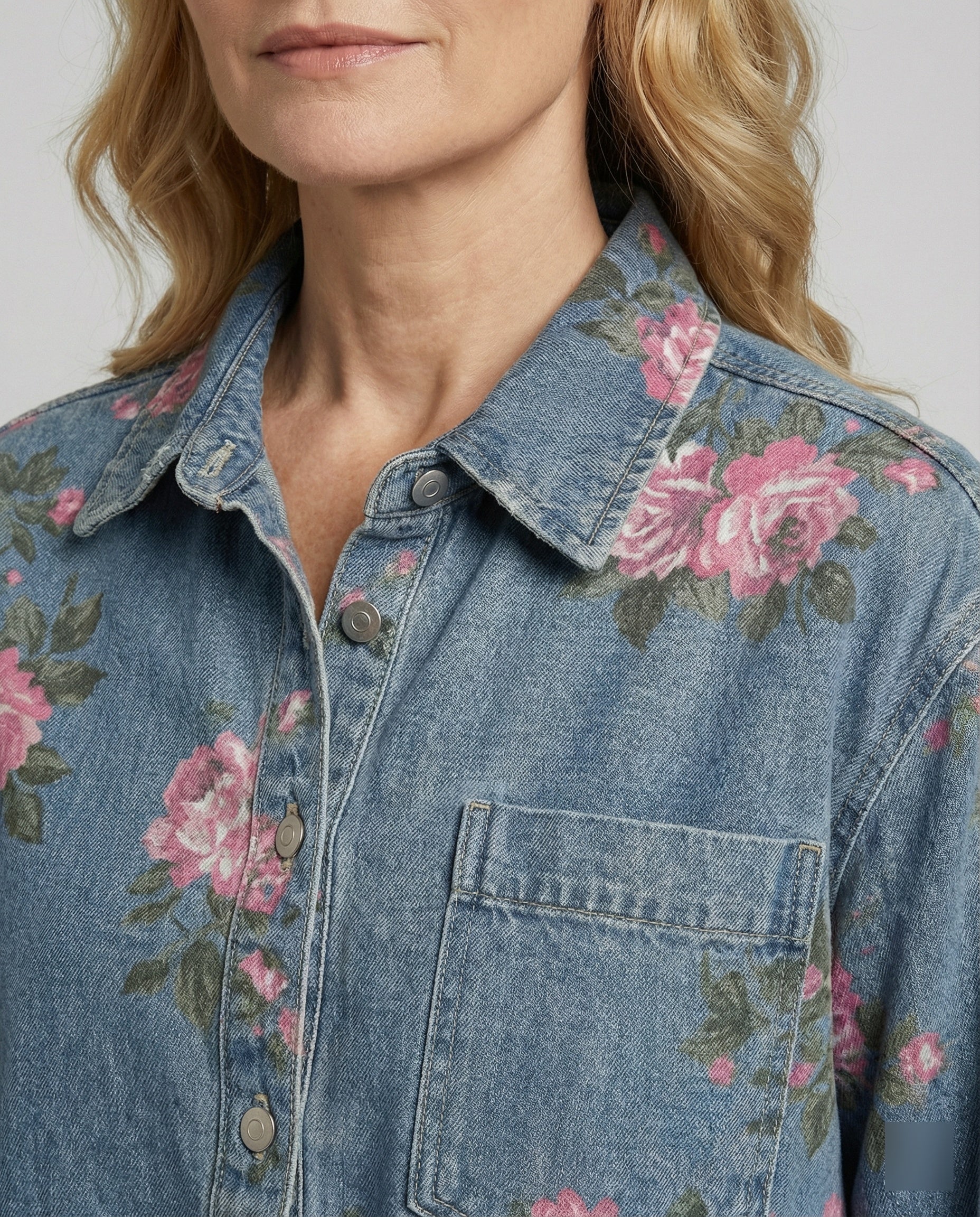Damen Jeansjacke kurz mit Blumenprint - Image 3