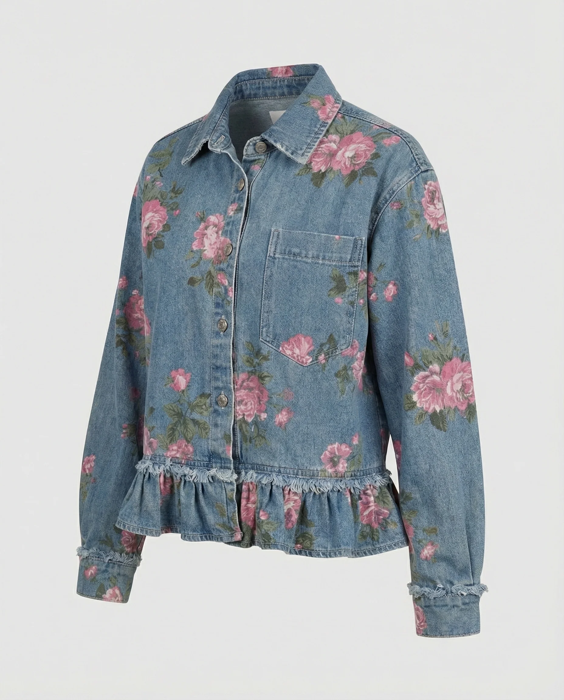 Damen Jeansjacke kurz mit Blumenprint - Image 4