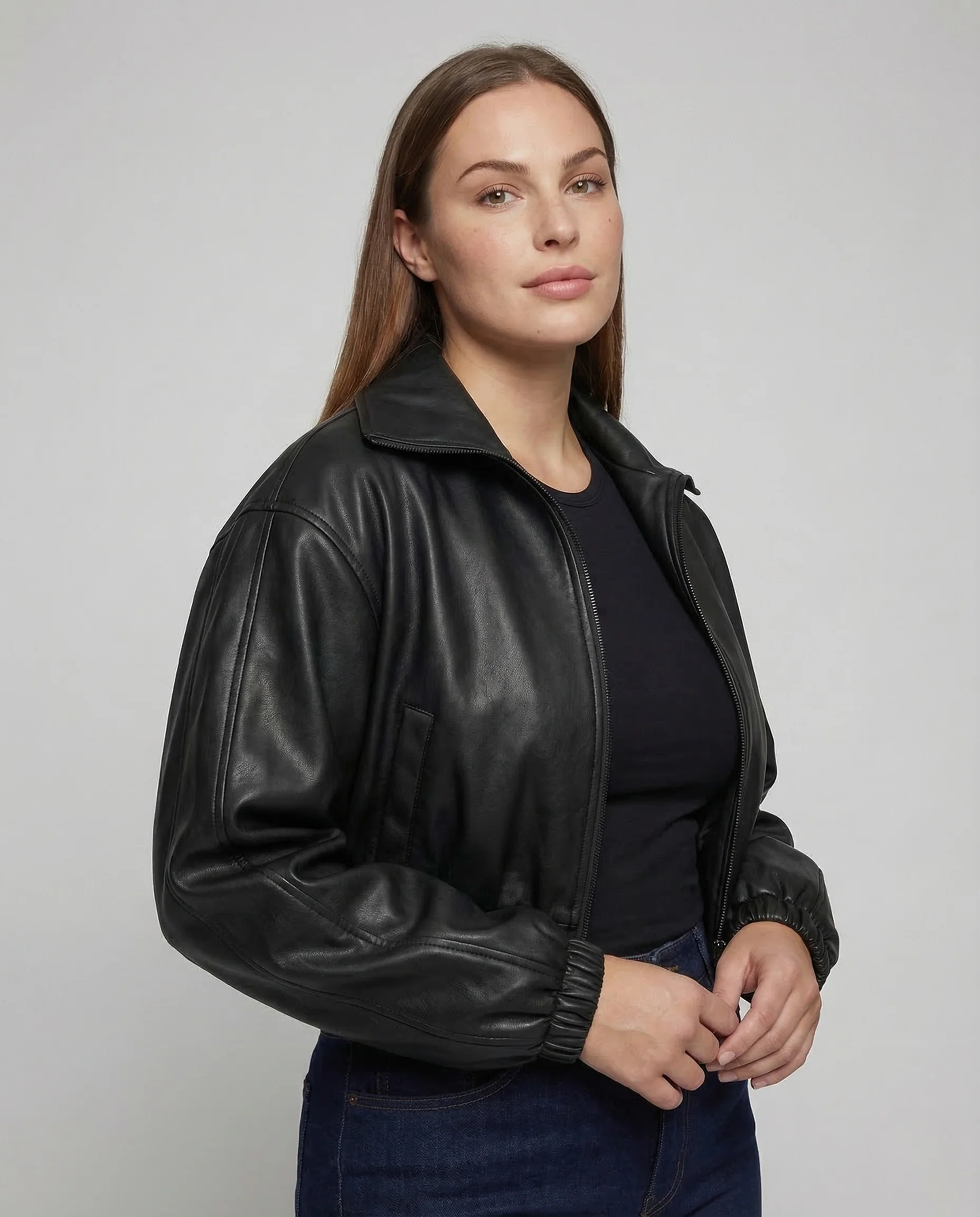 Damen Lederoptik Kapuzenjacke Kurz - Image 2