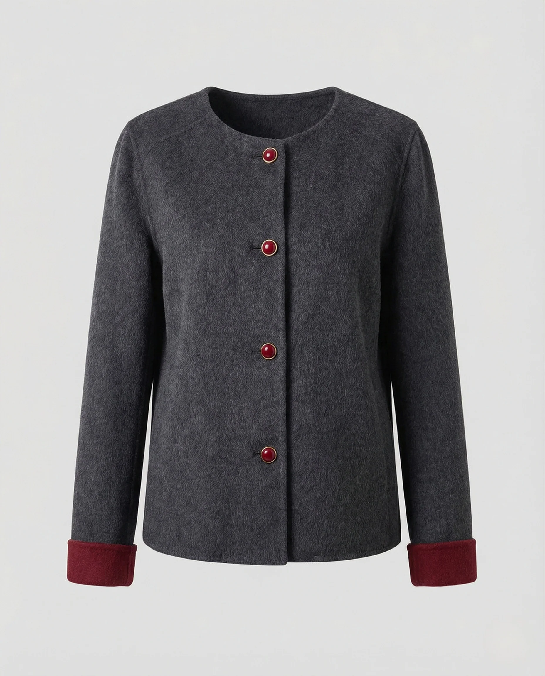 Kurze kastige Wollmixjacke mit Rundhalsausschnitt dekorativen Schmuckknöpfen und umgeschlagenen Manschetten Heidi Mode - Image 5