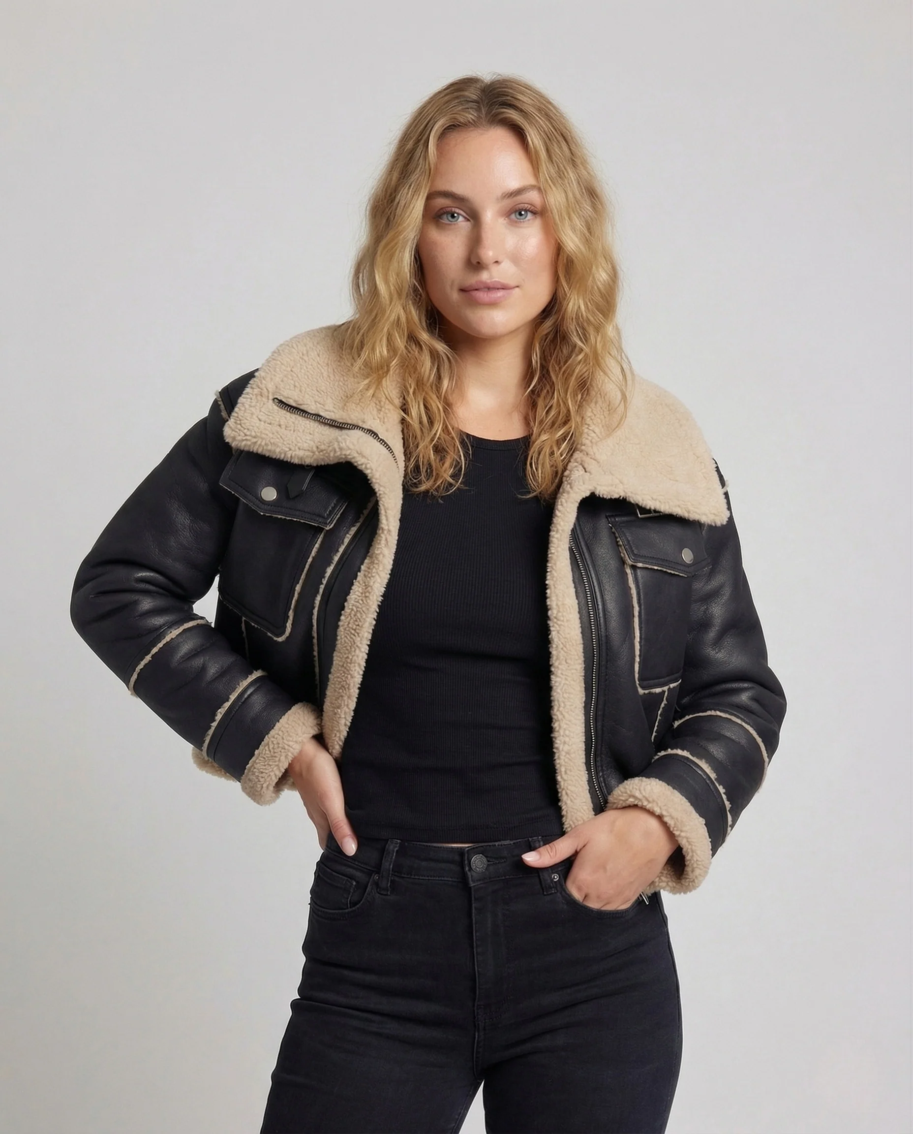 Damen Teddy Bomberjacke Kurz Lammfelloptik Kordelzug - Image 2