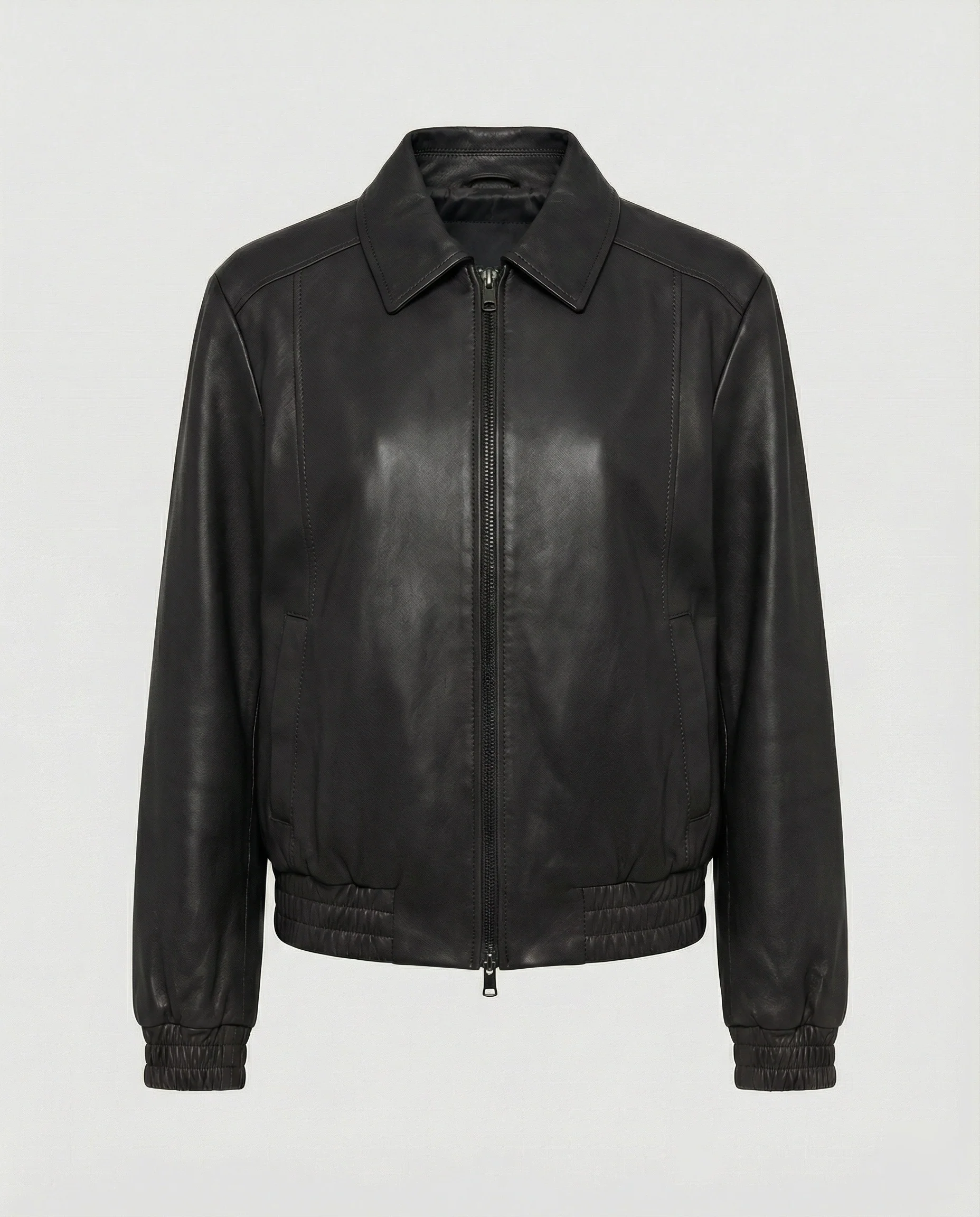 Kurze Lederblousonjacke mit Hemdkragen, verdecktem Reißverschluss und elastischen Bündchen Heidi-Mode - Image 6