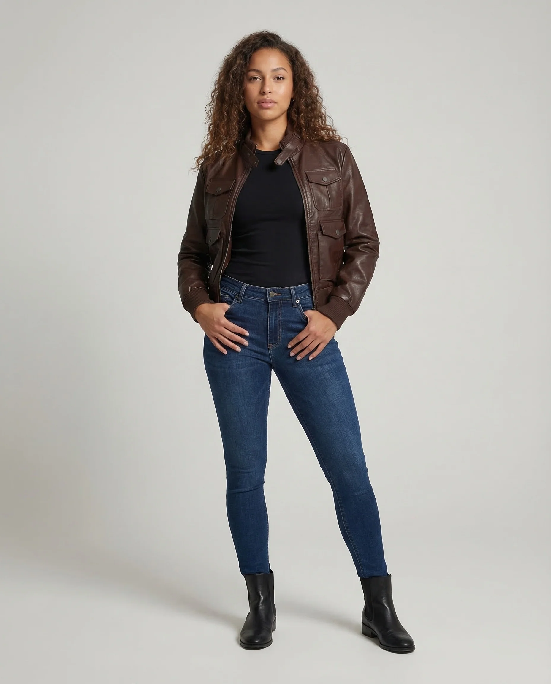 Damen Leder Bomberjacke Kurz