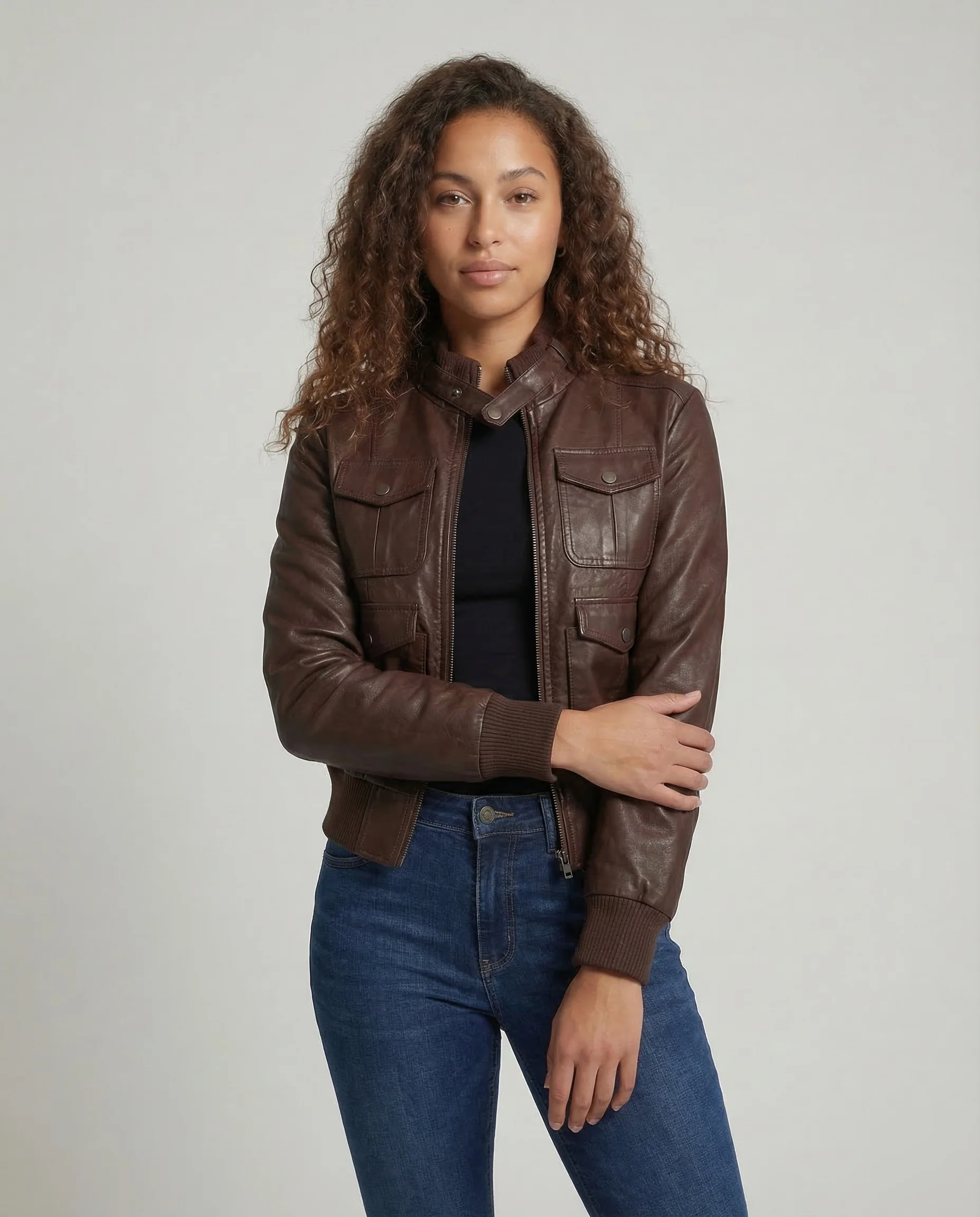 Damen Leder Bomberjacke Kurz - Image 2